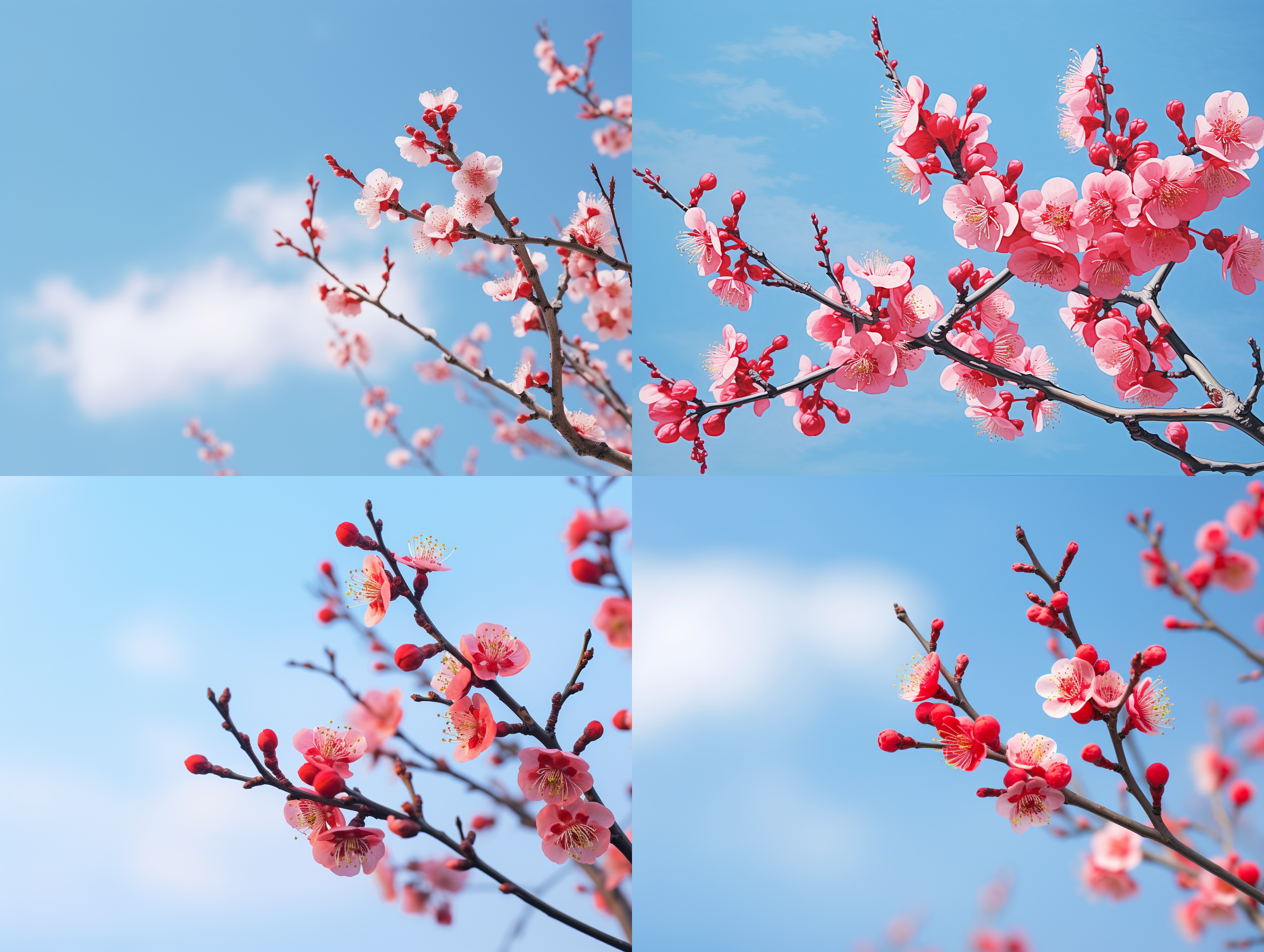 on the winter solstice, a red plum blossom blooms alone. against the backdrop of a light blue sky, the red plum blossoms bloom with bright colors. the screen is mainly composed of red plum blossoms, with a simple composition that highlights the beauty of red plum blossoms. the soft light gives a warm feeling. the whole picture is filled with a cold winter atmosphere, but it also reveals hope and vitality. the red plum blossom symbolizes the spirit of perseverance, making people feel brave and optimistic. winter solstice, hope and warmth.