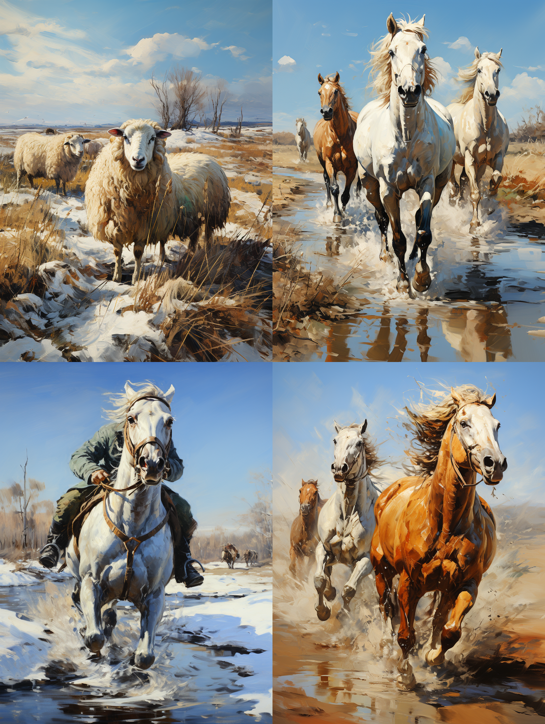 大雪后的草原，一大群马儿在奔跑，梵高油画风格。