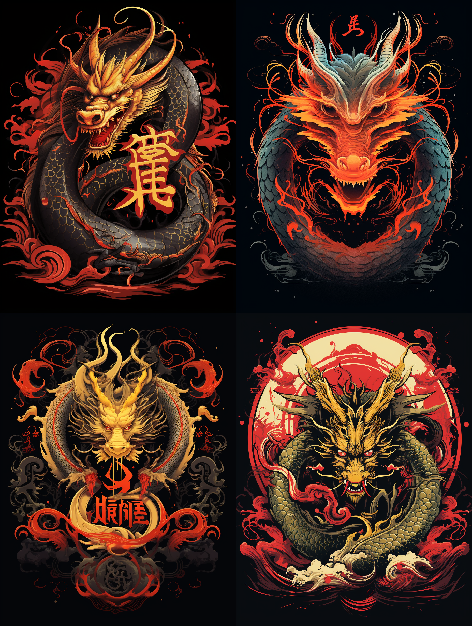 用“china"设计一个漂亮的书法字体，有一条龙的造型，红色和黄色为主，暗部为深黑色