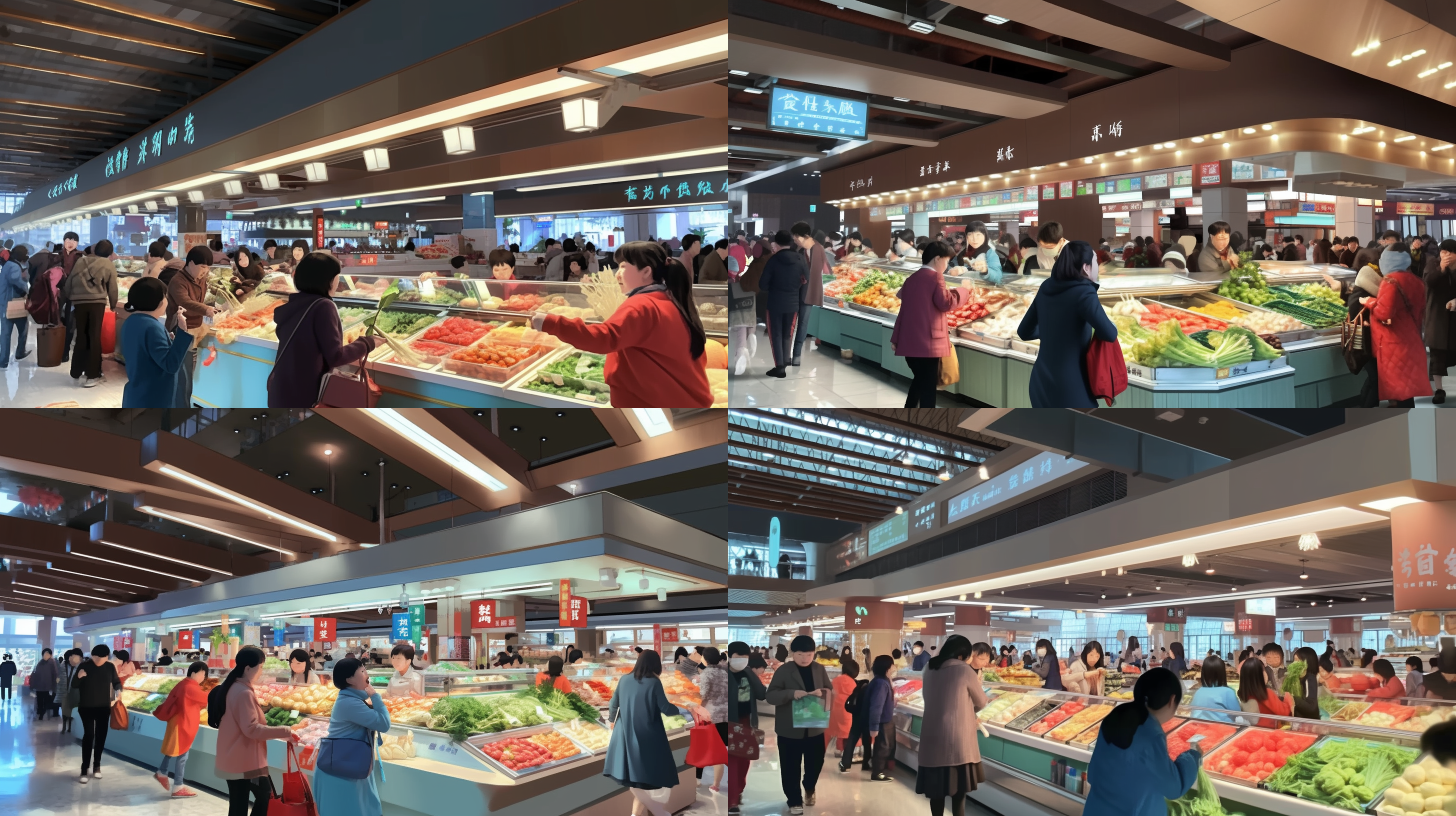 a large group of people standing around a market area with food on display and people shopping in the background, ultra wide angle, a digital rendering, adrian zingg, regionalism