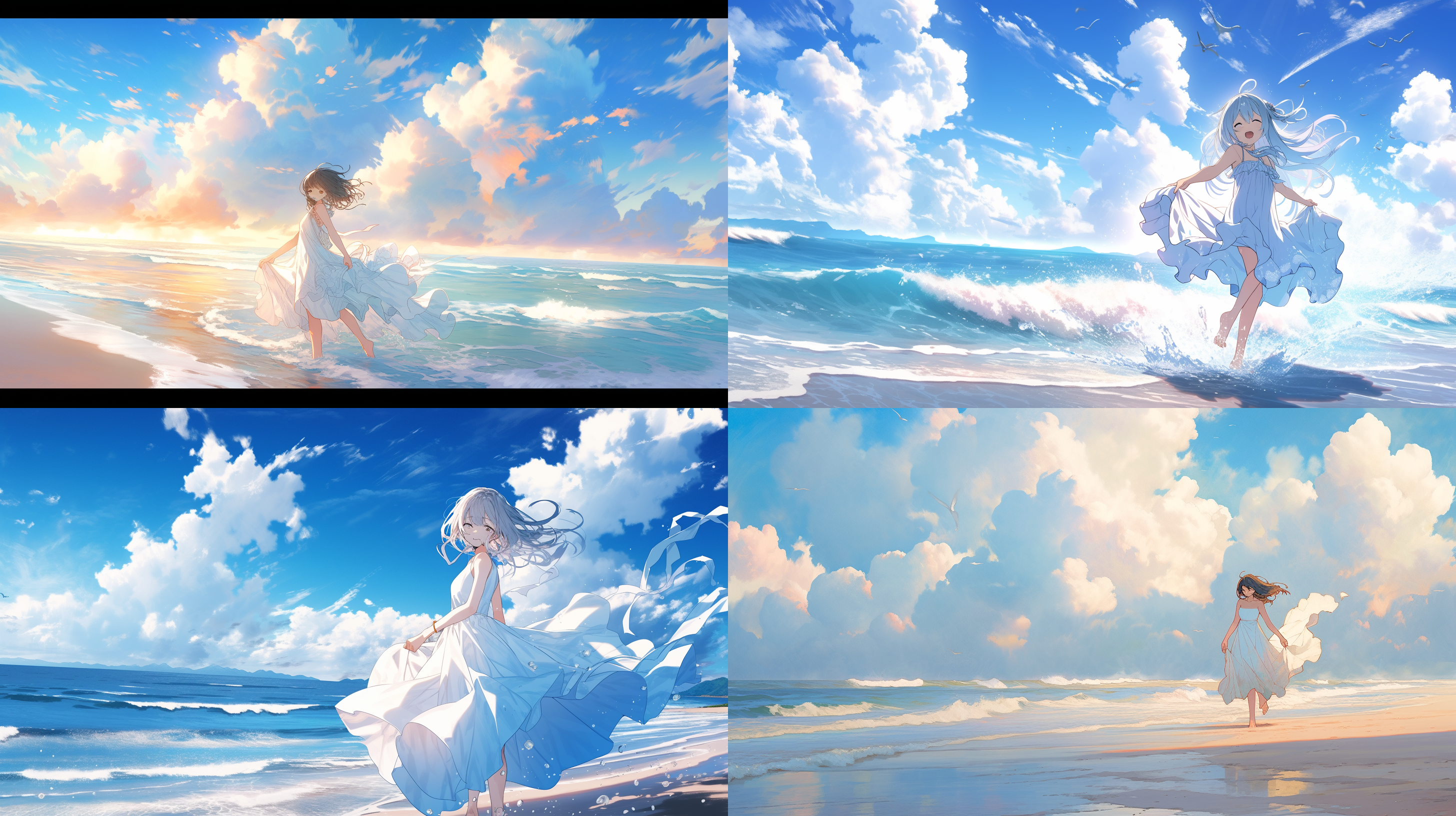 蓝天白云，有阳光，在海滩上奔跑的少女，少女身后有拖尾渐变的人影