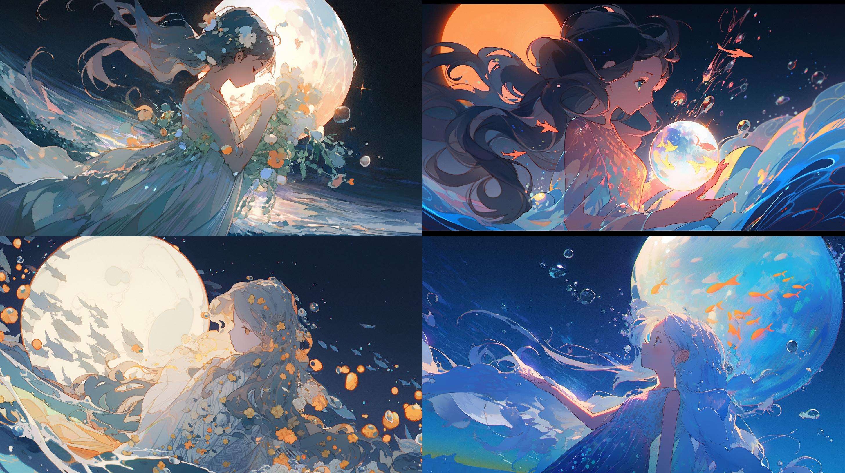 在海底，一个女孩双手捧着月亮，她的头发像海草随波荡漾，超现实主义风格，再带着一点丁达尔效应