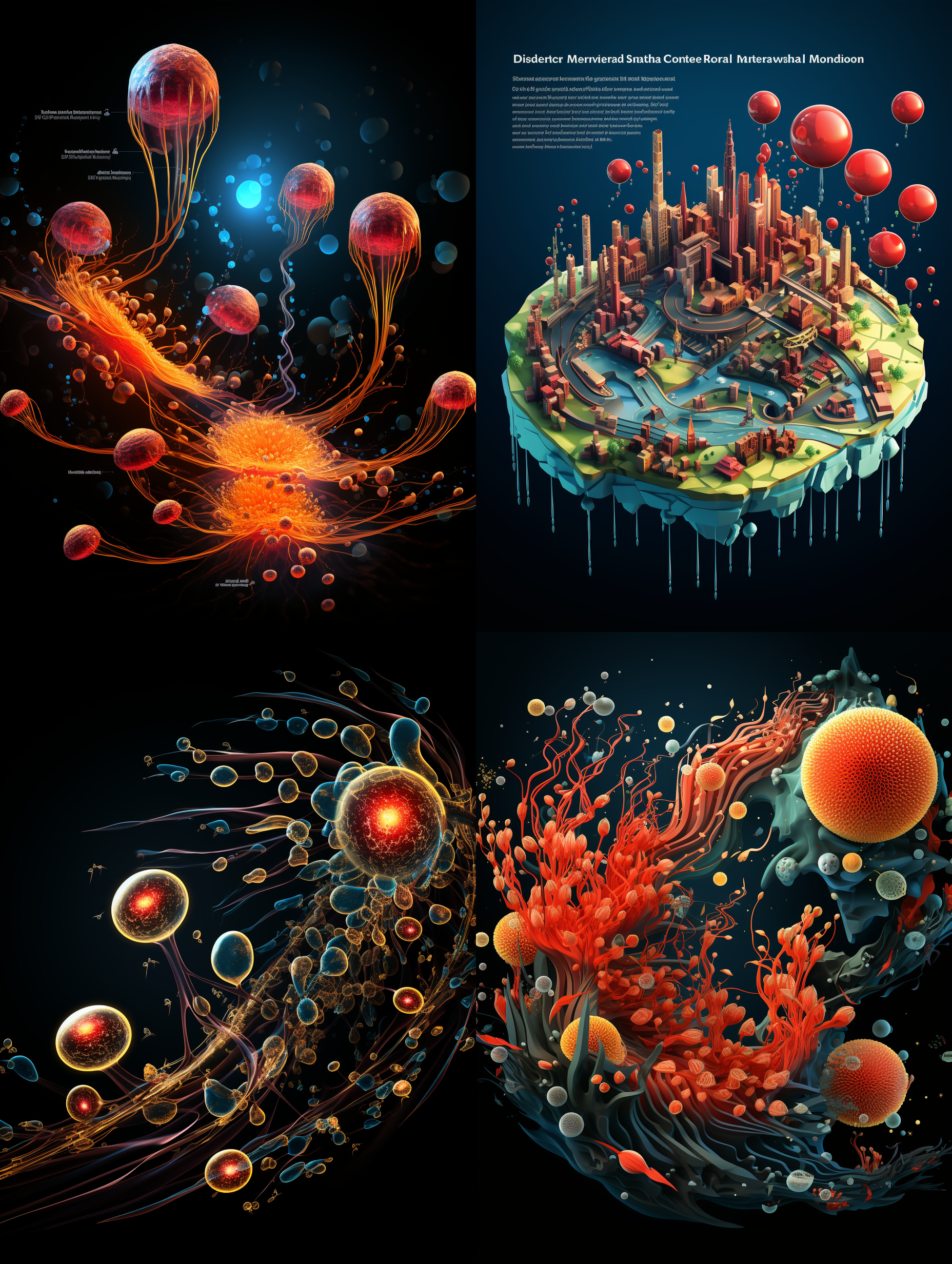 生成与参考图相同排布的立体细胞效果，要把细胞膜，细胞孔，细胞质，细胞枋，rna,dna,呈现体现出来，细胞的形态符合专业显微观察看到的细胞形态和行业细胞形态样式描述与定义，空间感和立体感突出，颜色饱和，细节层次丰富，专业c4d渲染，顶级画质和清晰度，8k超高清，细胞外光环的强度