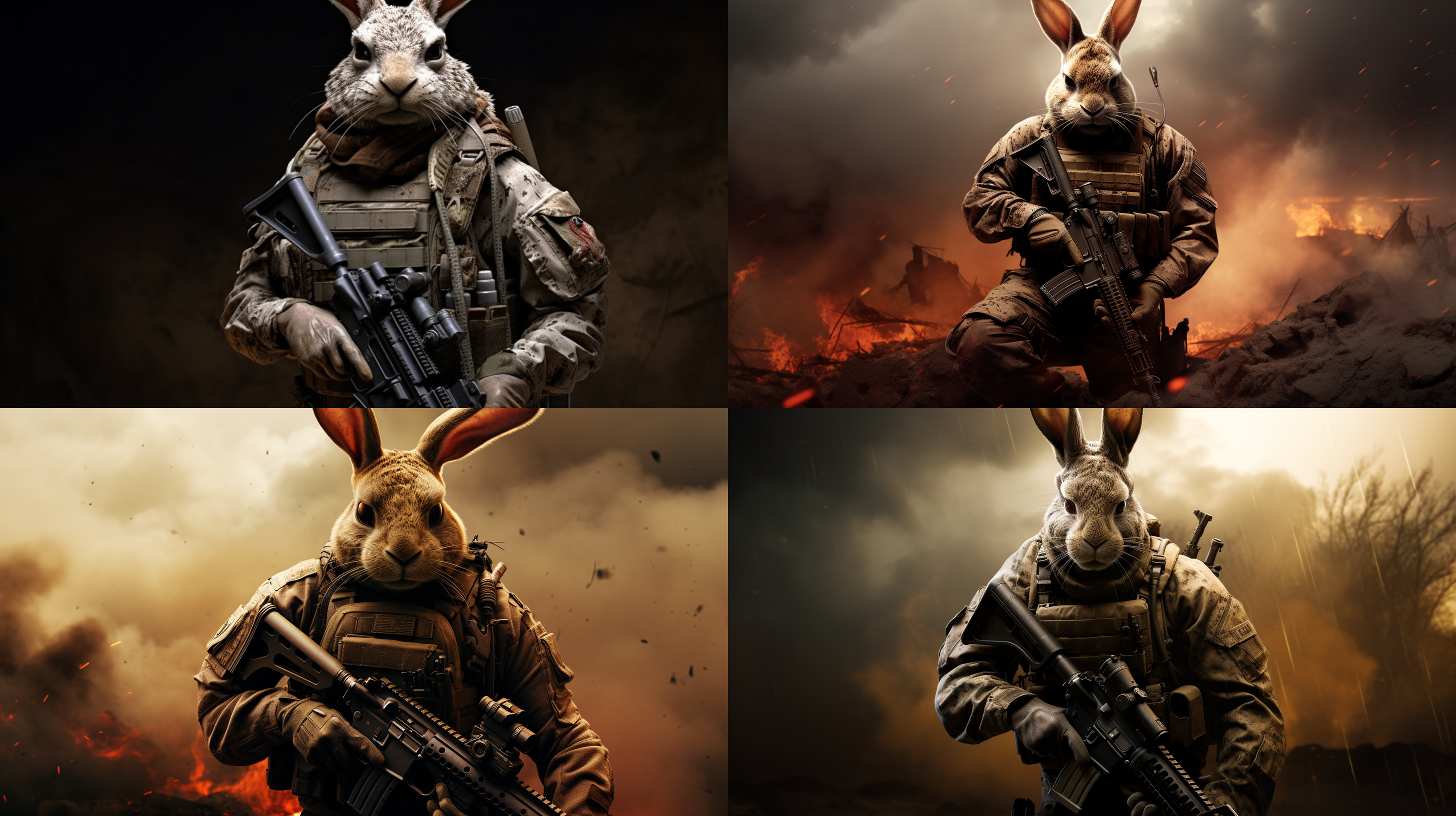 特种兵兔子、全身形象，战场背景，超写实。
