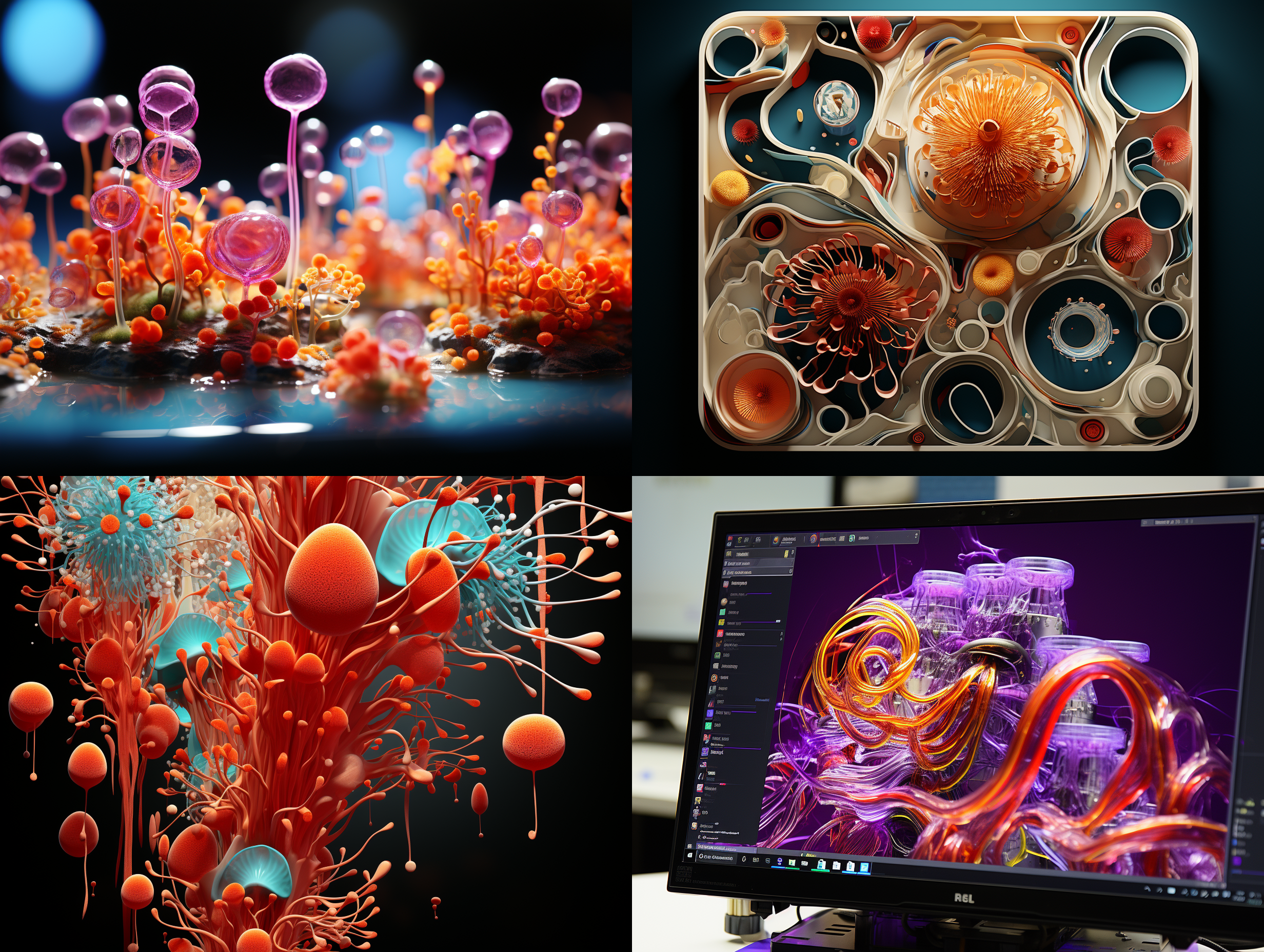 生成与参考图相同排布形式的立体细胞效果图，要把细胞膜，细胞孔，细胞质，细胞核，rna,dna,呈现出来，细胞的形态符合专业显微观察看到的细胞形态和行业细胞形态样式描述与定义，空间感和立体感突出，颜色饱和，细节层次丰富，专业c4d渲染，顶级画质和清晰度，8k超高清，细胞外光环的强度