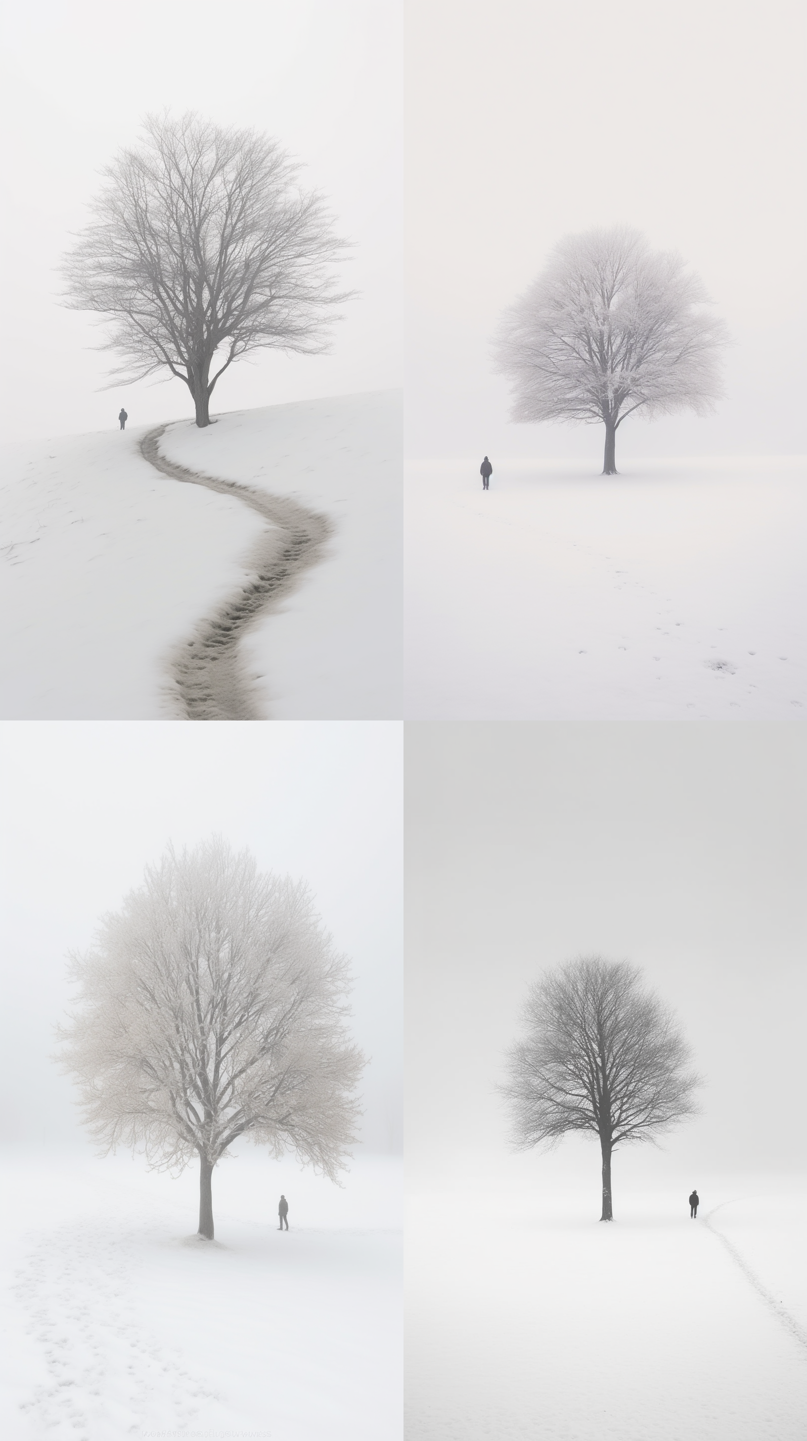 a tree is walking across the snow in the snow, hazy, foggy::2, endless snow, in the style of captivating documentary photos, akos major, monochrome landscapes, intricately mapped worlds, documentary travel photography, layered lines, time-lapse photography, nikon d850