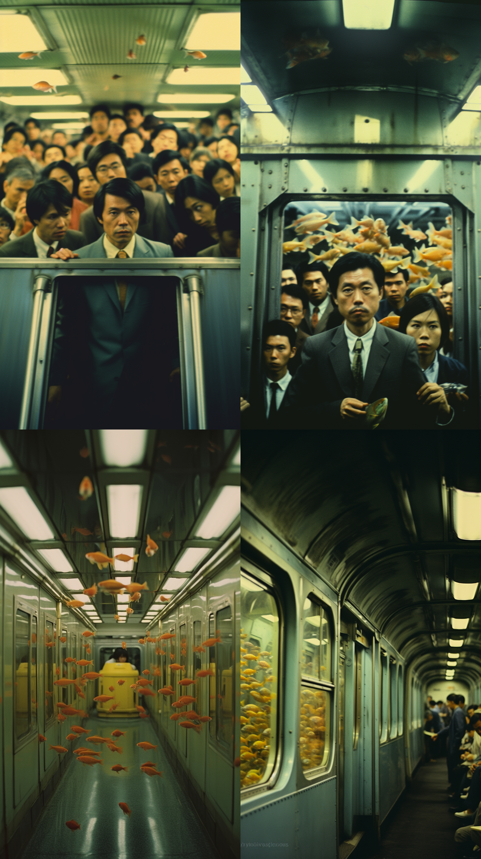 a lot of asian employees are in the subwaythe subway is crowded,and there is a fish tank in the subway, a lot of goldfish swimming in the air surreal, shot on kodak filmfilm color1980s