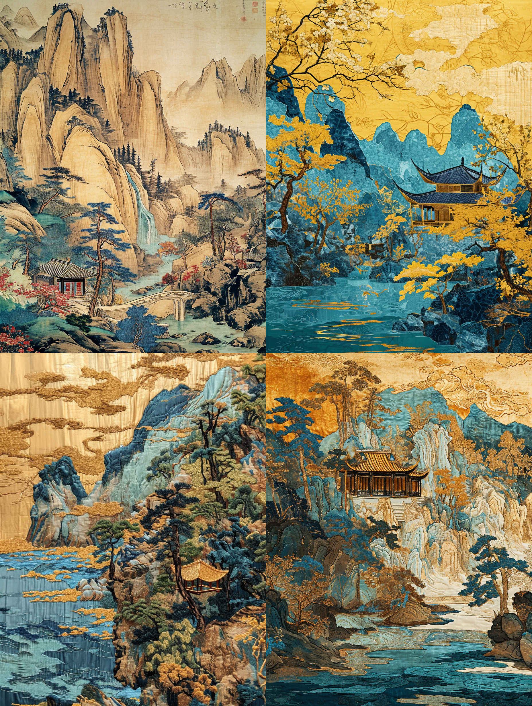 chinese embroidery craft of a golden-blue-green mountain with pavilions and trees, gilding, flowing liquid gold, minimalist color field, freehand brushwork, blank-leaving, organic form, simple background ，q 0.5 ar 3:4 ，v 6.0 
