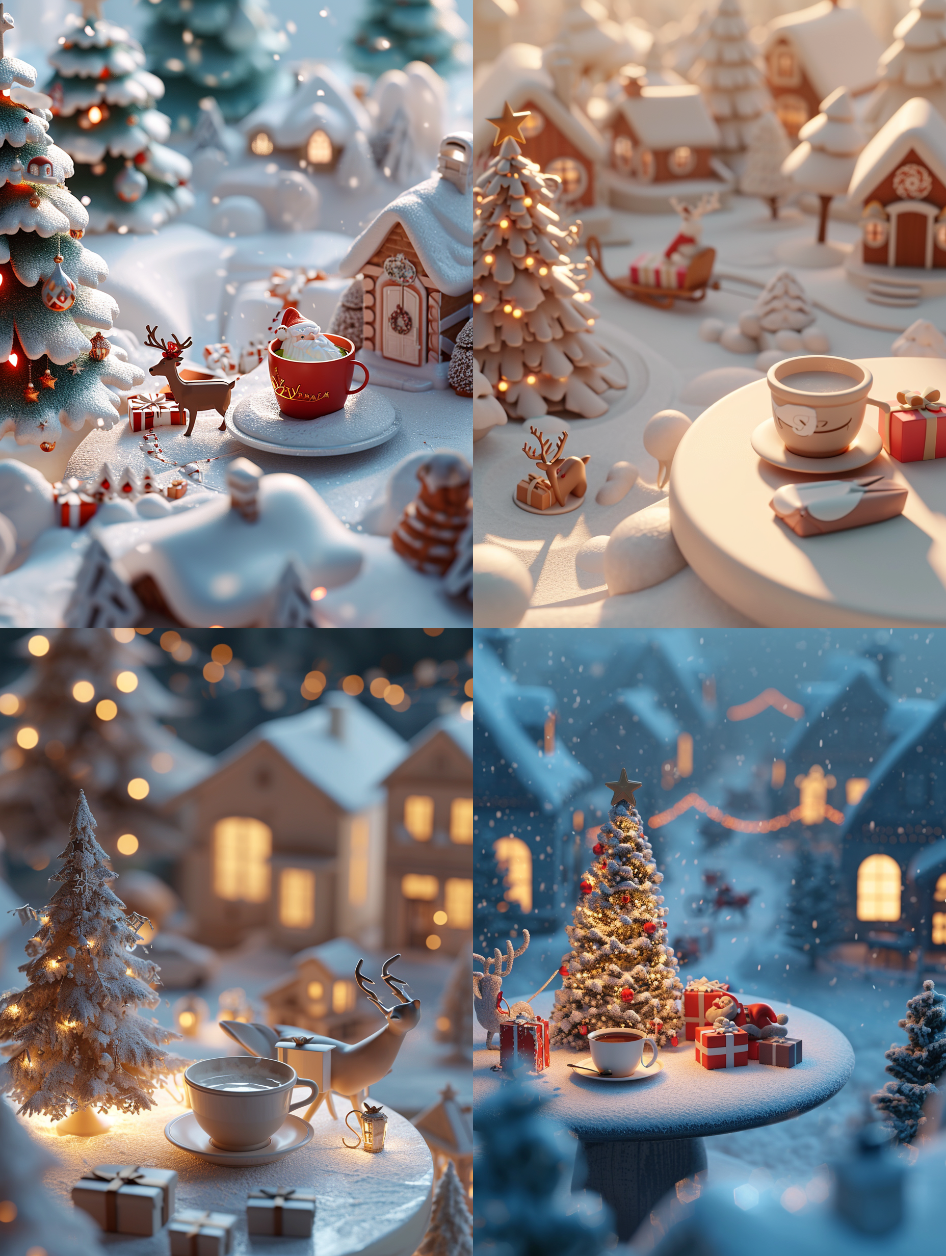 3d clay world, a cup of milk tea, placed on a circular table, winter snow scene, thick snow on surrounding houses, santa claus resting next to the christmas tree, christmas tree, elk, sleigh, many gift boxes next to the christmas tree, minimalism, minimalist colors, rich details, distant views, animated lighting, ray tracing, depth of field, cartoon style, clay materials, front view, 3d, c4d, blender, dribblable,enhance,oc renderer, high detail,warm colors 