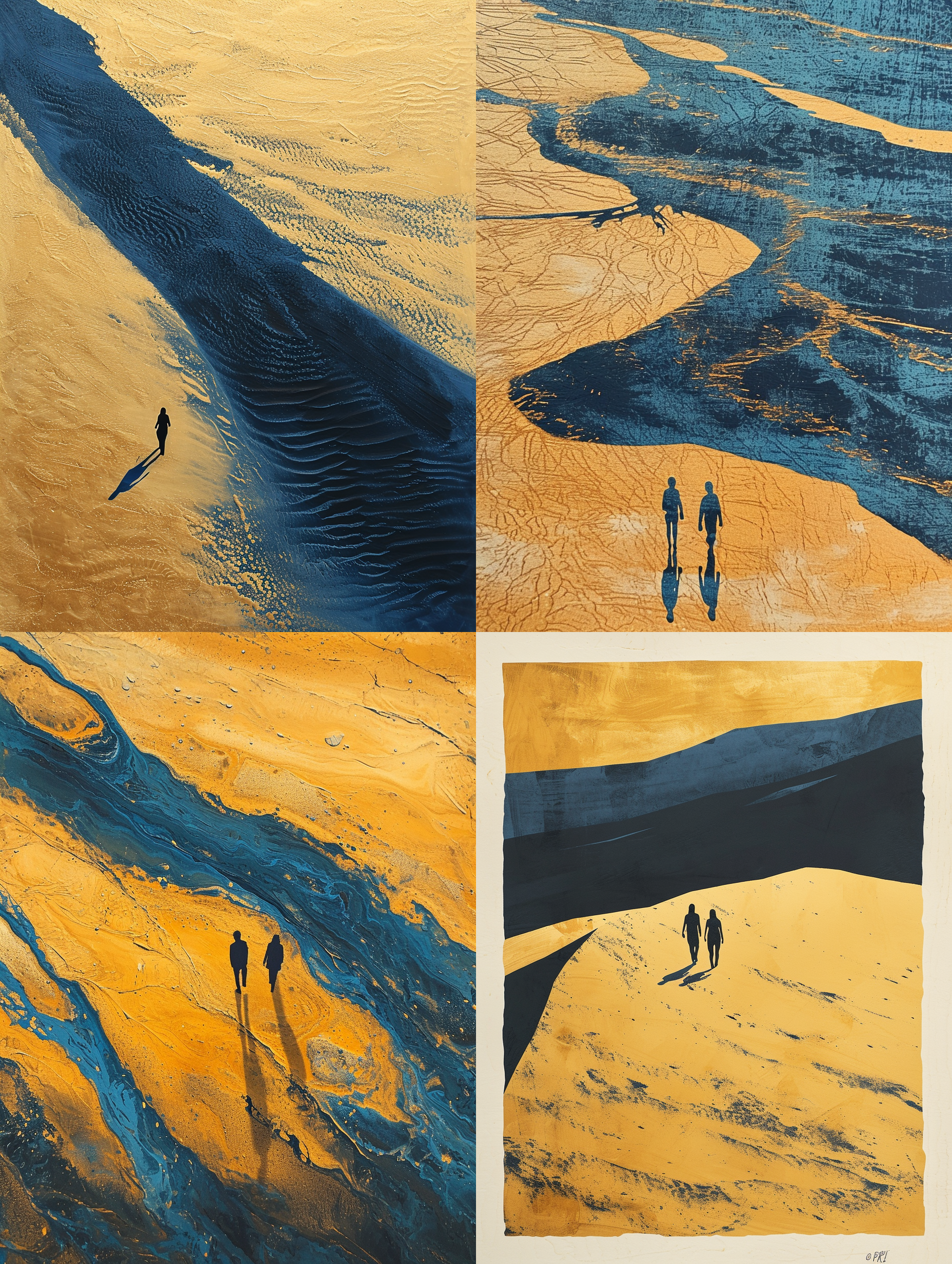 aerial view of two person walking in the desert, bold minimalist block print,2 colors. gold and blue 