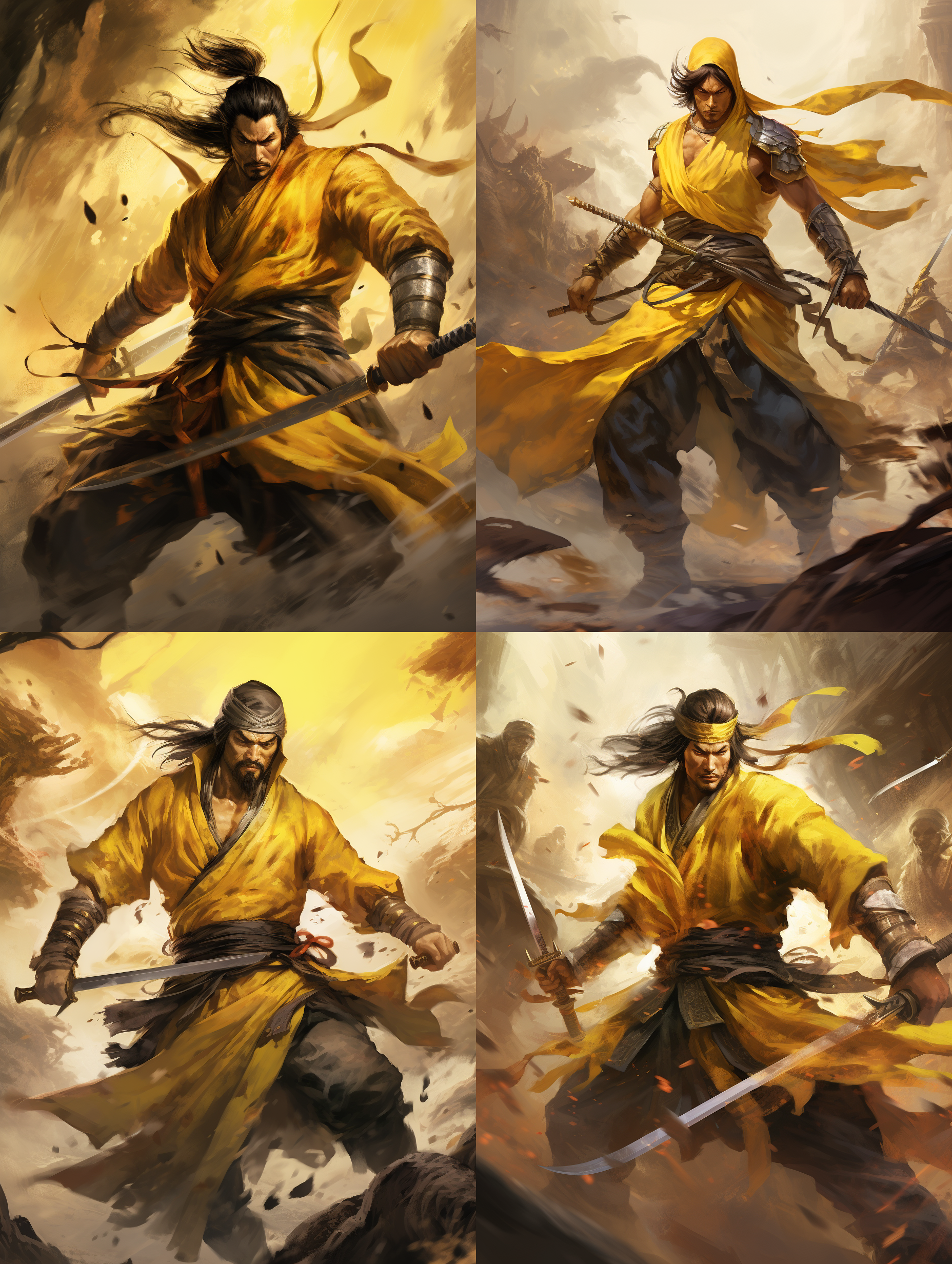 以参考图为标准，战场背景下，黄巾力士屹立于前景，双手握紧大刀。武侠风格，中国人。透视构图，高饱和度，广角镜头，强烈侧光，动作凌厉，肌肉线条凸显，刀柄配饰突出，表情坚毅，气势磅礴。