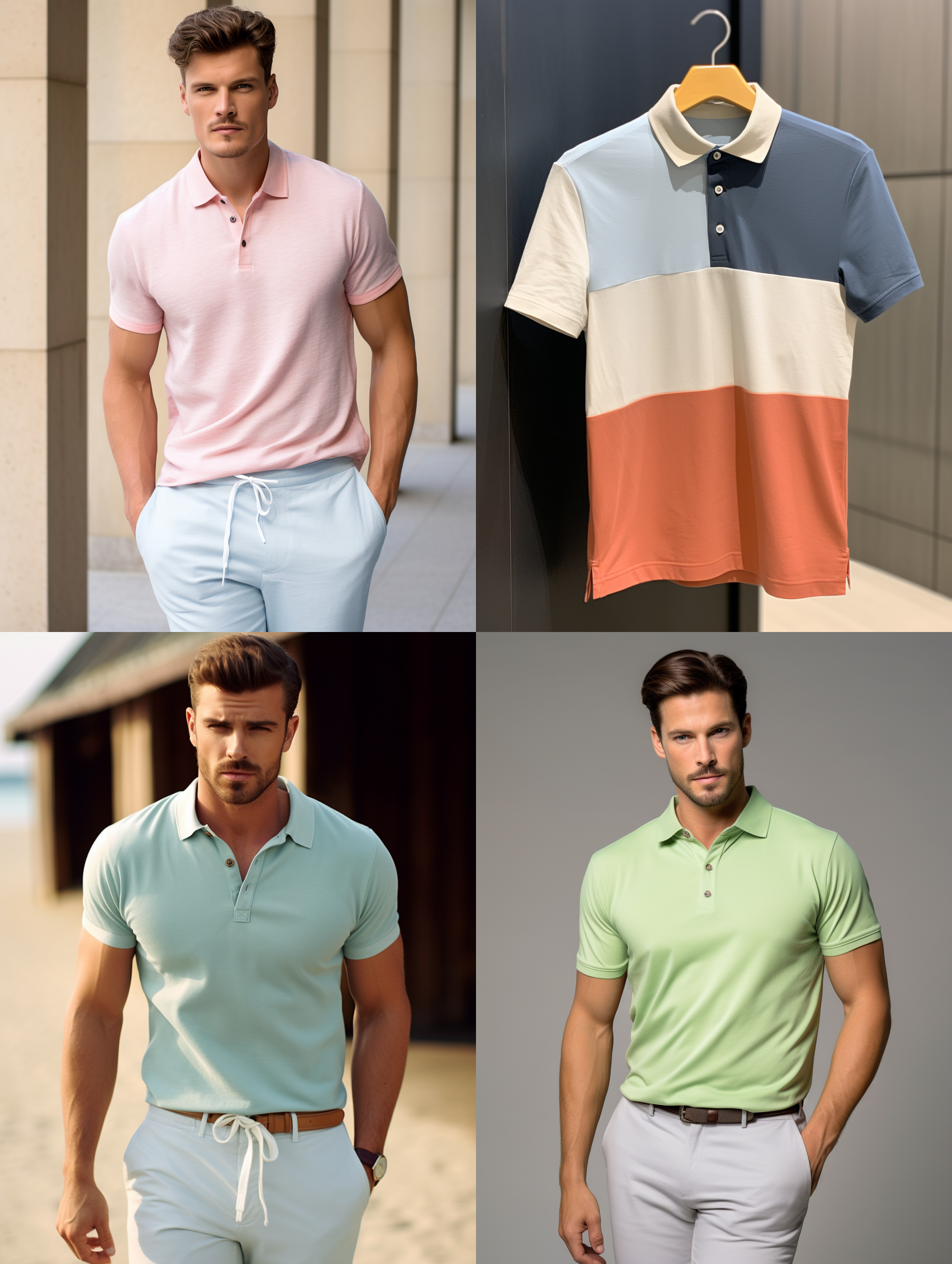 一件三个颜色组成的polo衫和同风格的沙滩裤，国外男模物，简洁明了