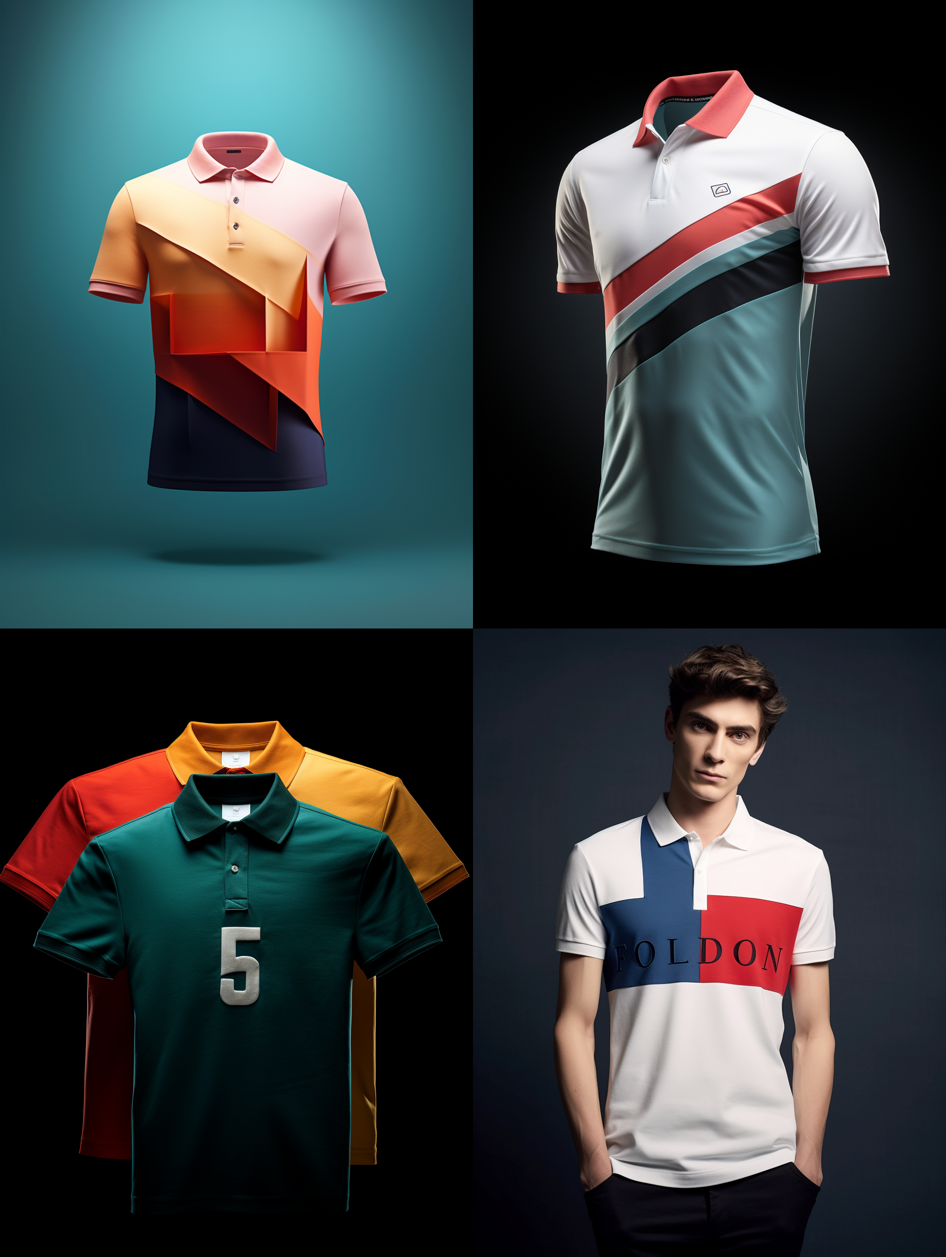 服装设计，三个颜色组成的polo衫，一行小的英文字母，国外男模物，简洁明了