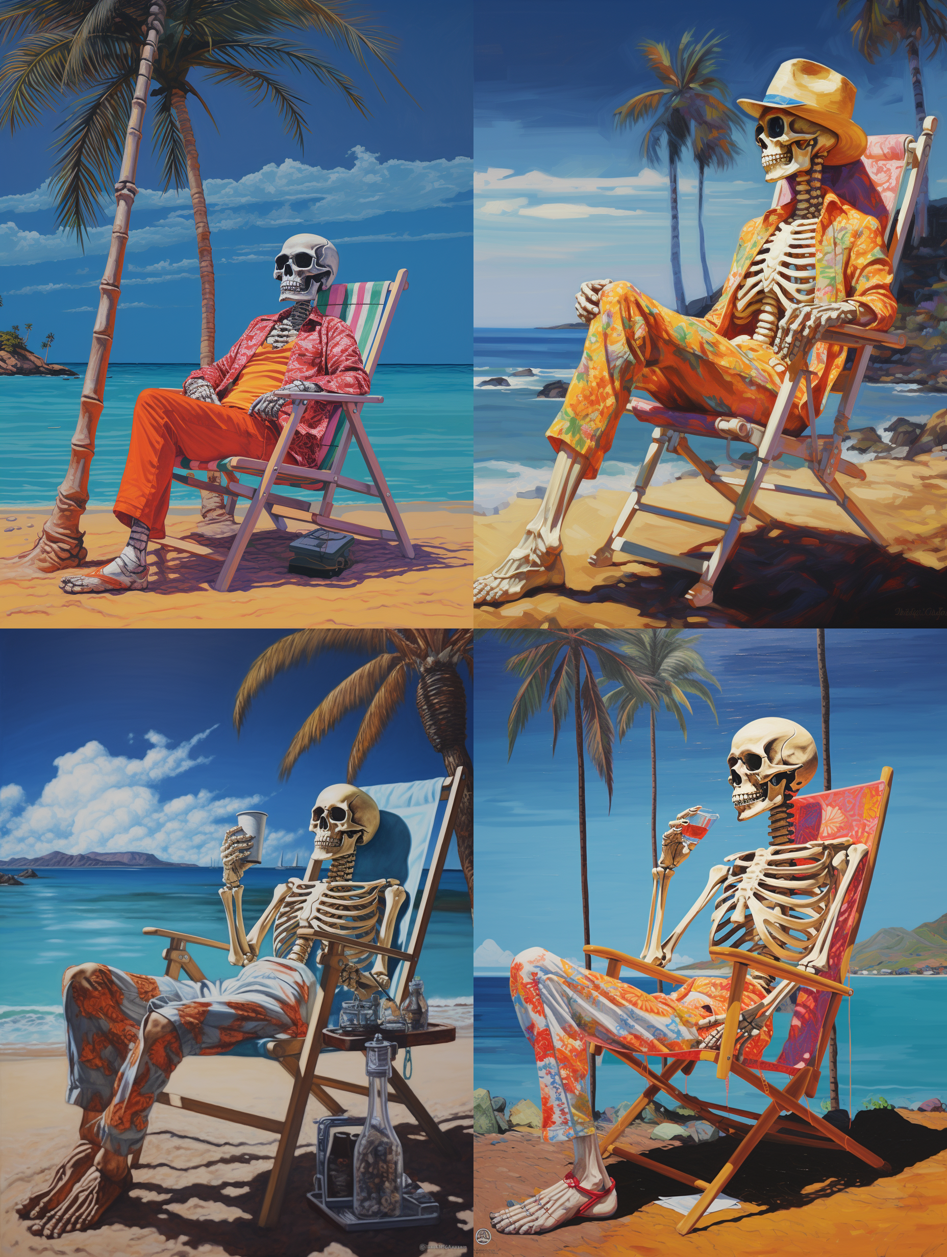 骷髅人在海边渡假，身在海边沙滩的躺椅上，穿着短衣短裤，叼着一支烟，一只手在打电话，蓝色的海水，晴朗的天空，棷树在海边，整个画面颜色艳丽