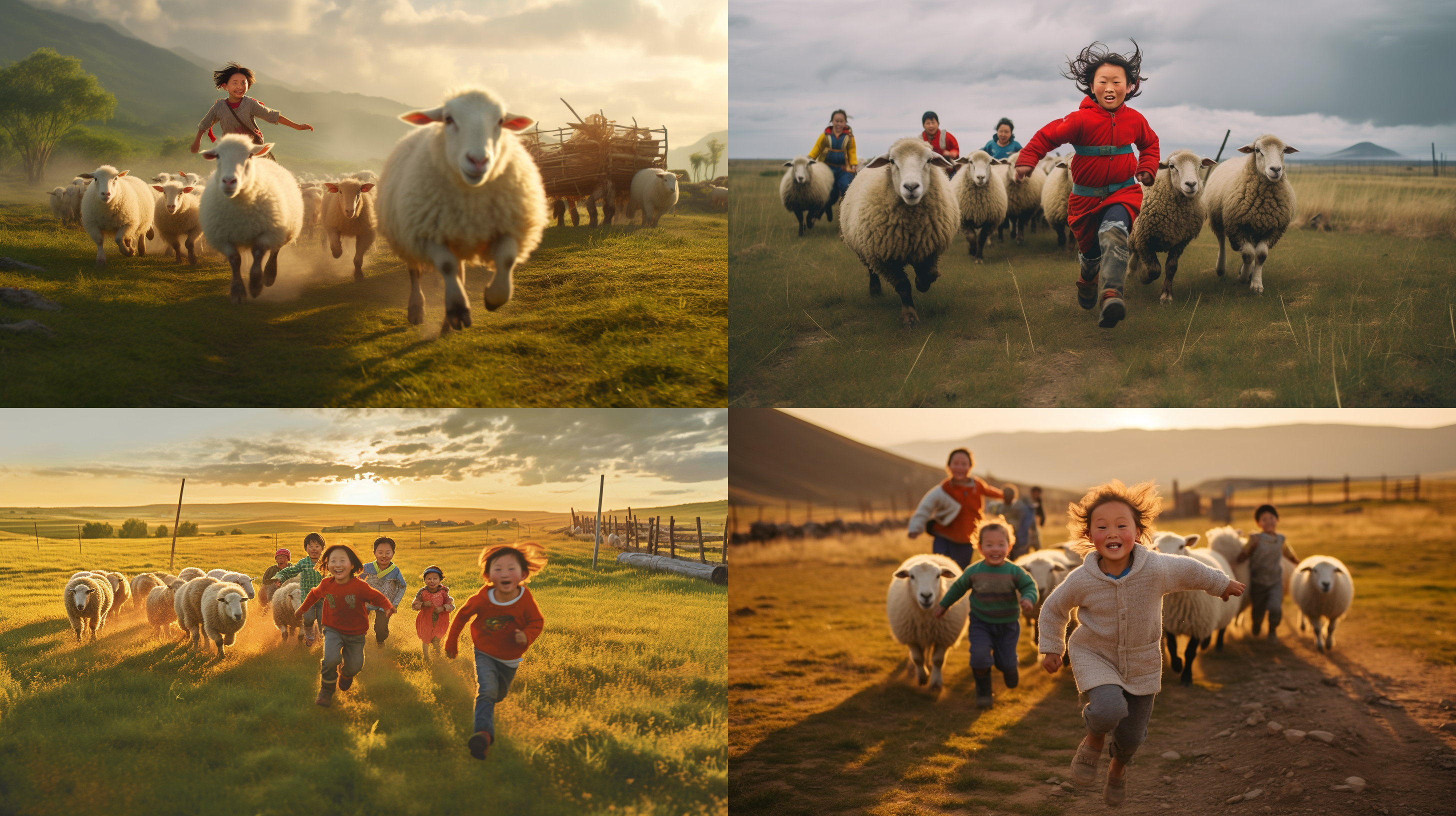 一群中国小孩和绵羊，牧场，奔跑，表情非常开心，广角镜头，色彩鲜明，展现出广阔的牧场环境
