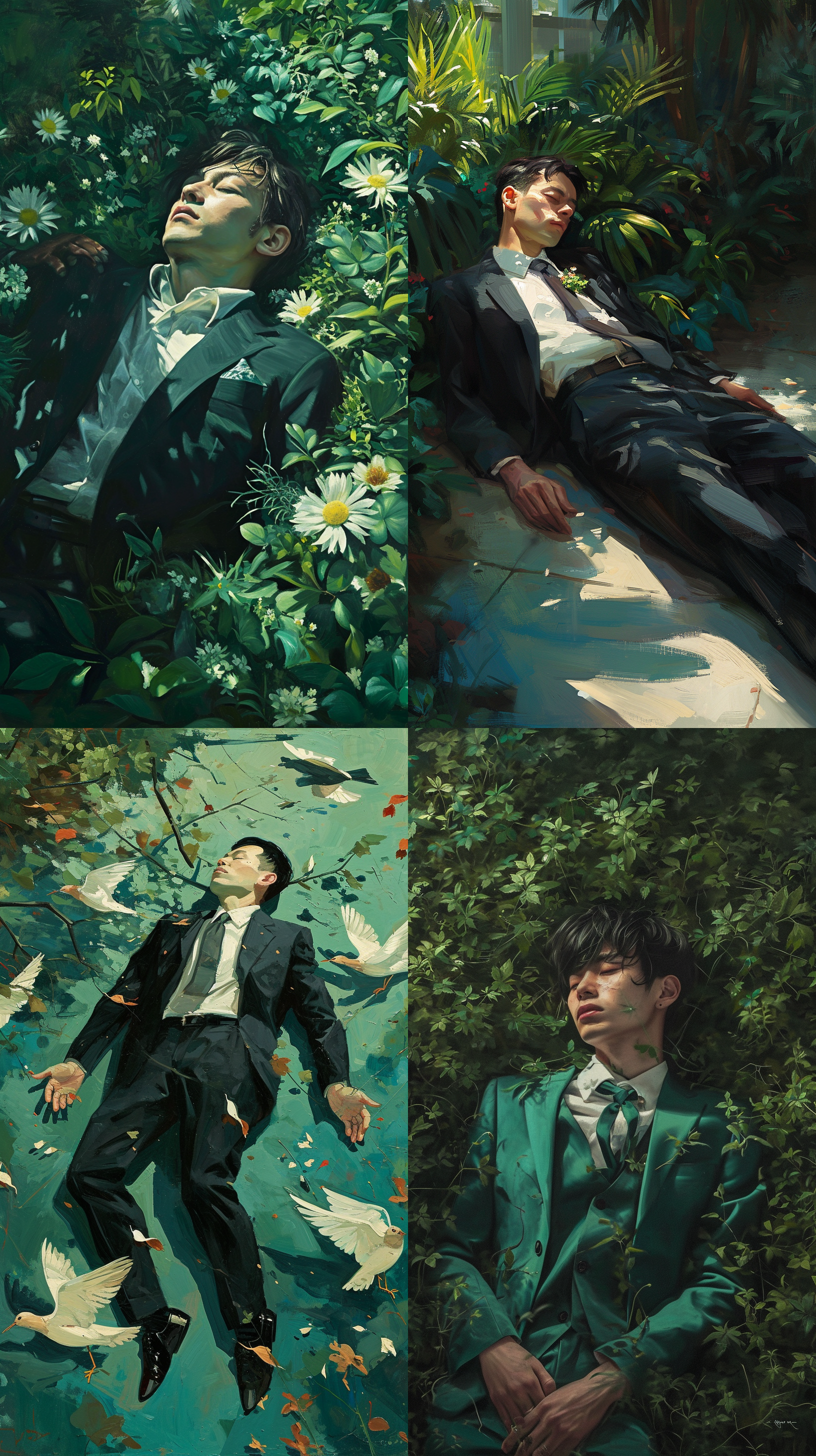 lawns, asians in suits, lying flat, art, grotesque aesthetics