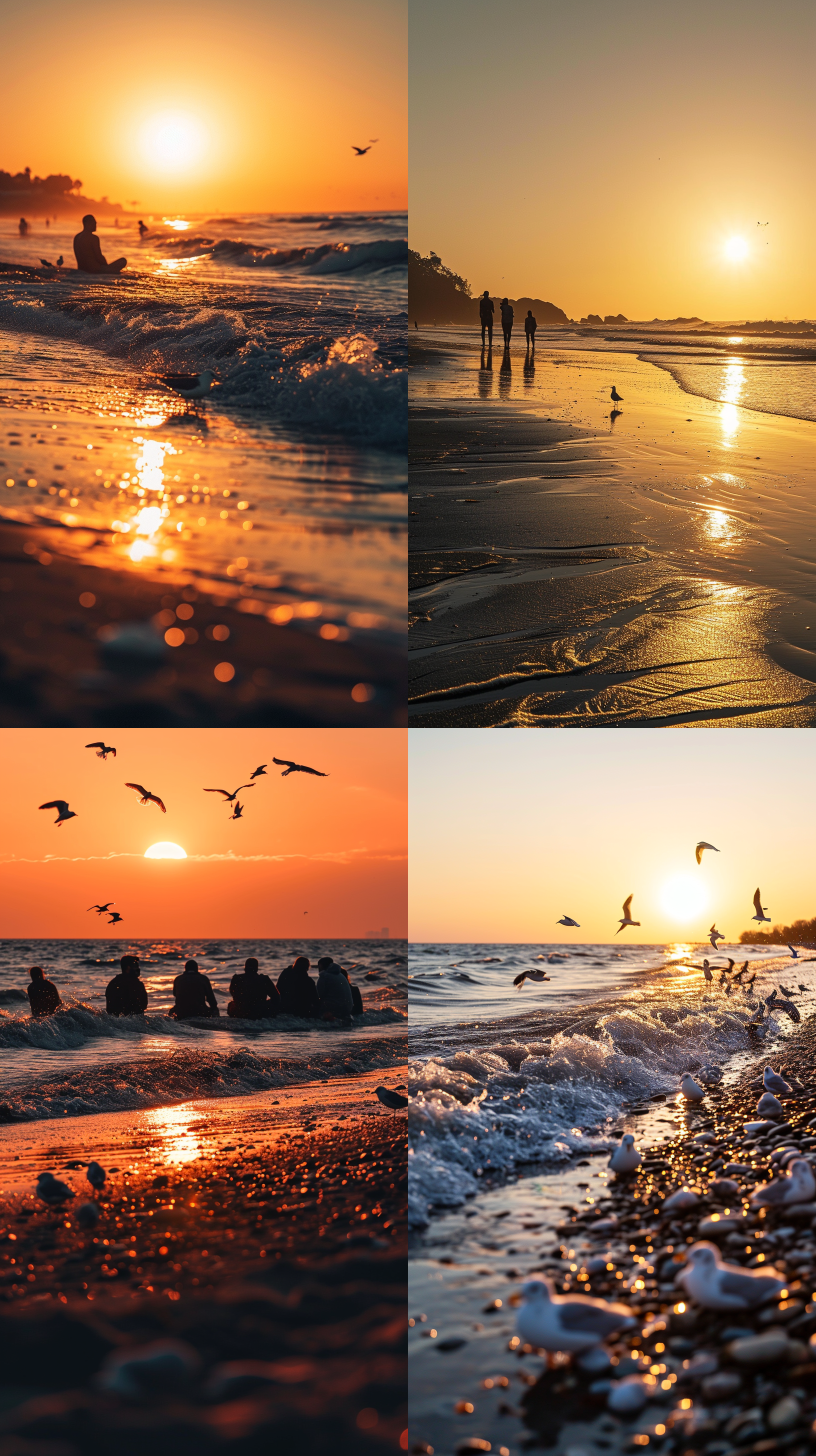海边日落，远处海浪拍岸，天空呈现橙红色渐变，阳光洒在沙滩上形成长长的倒影，一群海鸥在空中飞翔，人们坐在海滩上欣赏美景。景深大，广角镜头，柔和的侧光，静态，放松，温暖，宁静。