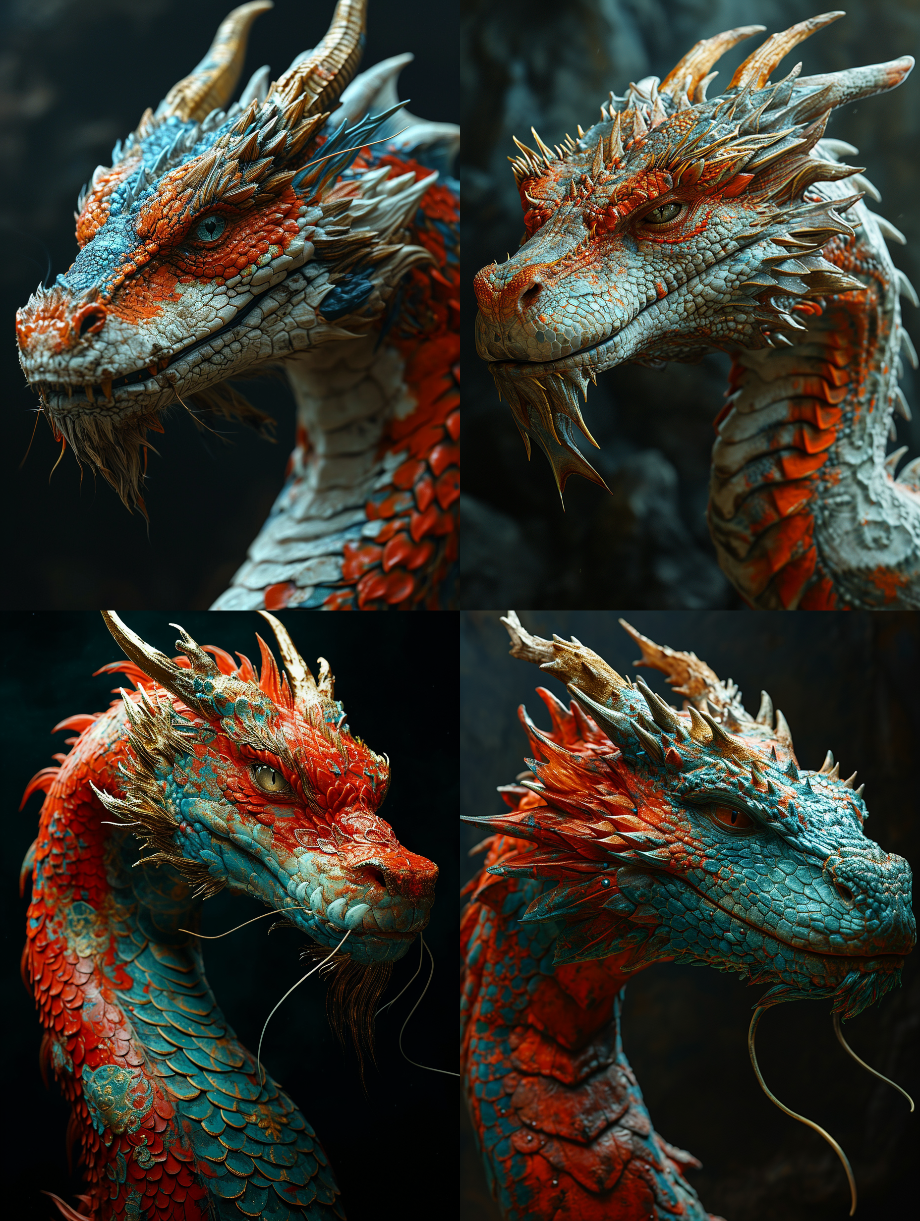 纯黑背景，一条东方龙，红色鲜艳的龙鳞，龙身带着花纹，龙角为金黄色，龙须为纯白色，使用数字图像处理风格，灰白色和翠绿色，高画质，by caras ionut。 