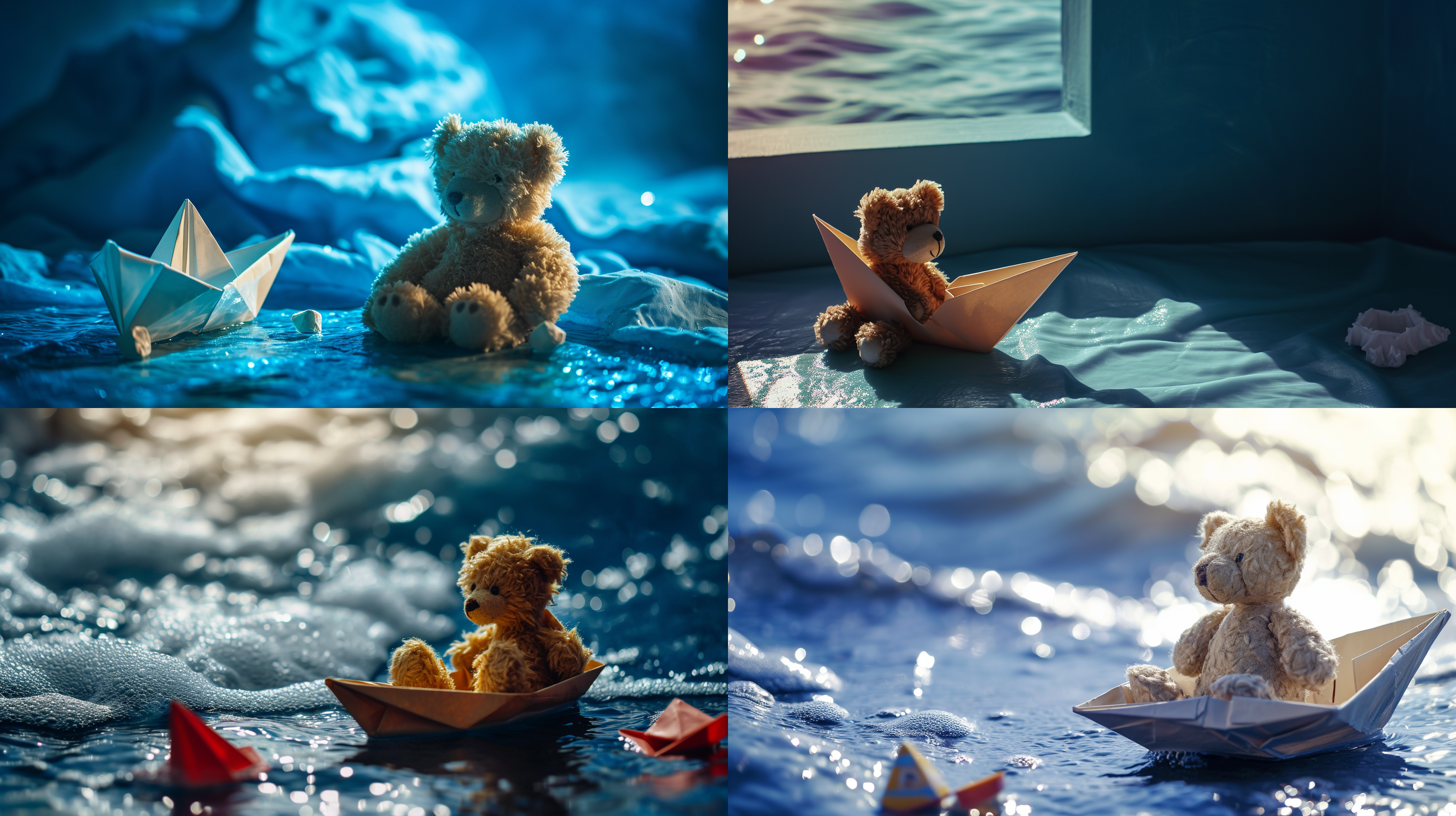 纸船漂在湛蓝的海面上，小熊家门口迎接着。构图对角线布局，广角镜头扩展视野，明亮的自然光线照射下，纸船的鲜艳颜色与小熊的柔和毛发形成鲜明对比。动作轻盈，情绪宁静，呈现出一幅温馨而梦幻的画面。纸船，小熊，湛蓝，明亮，颜色对比，轻盈，温馨，梦幻。