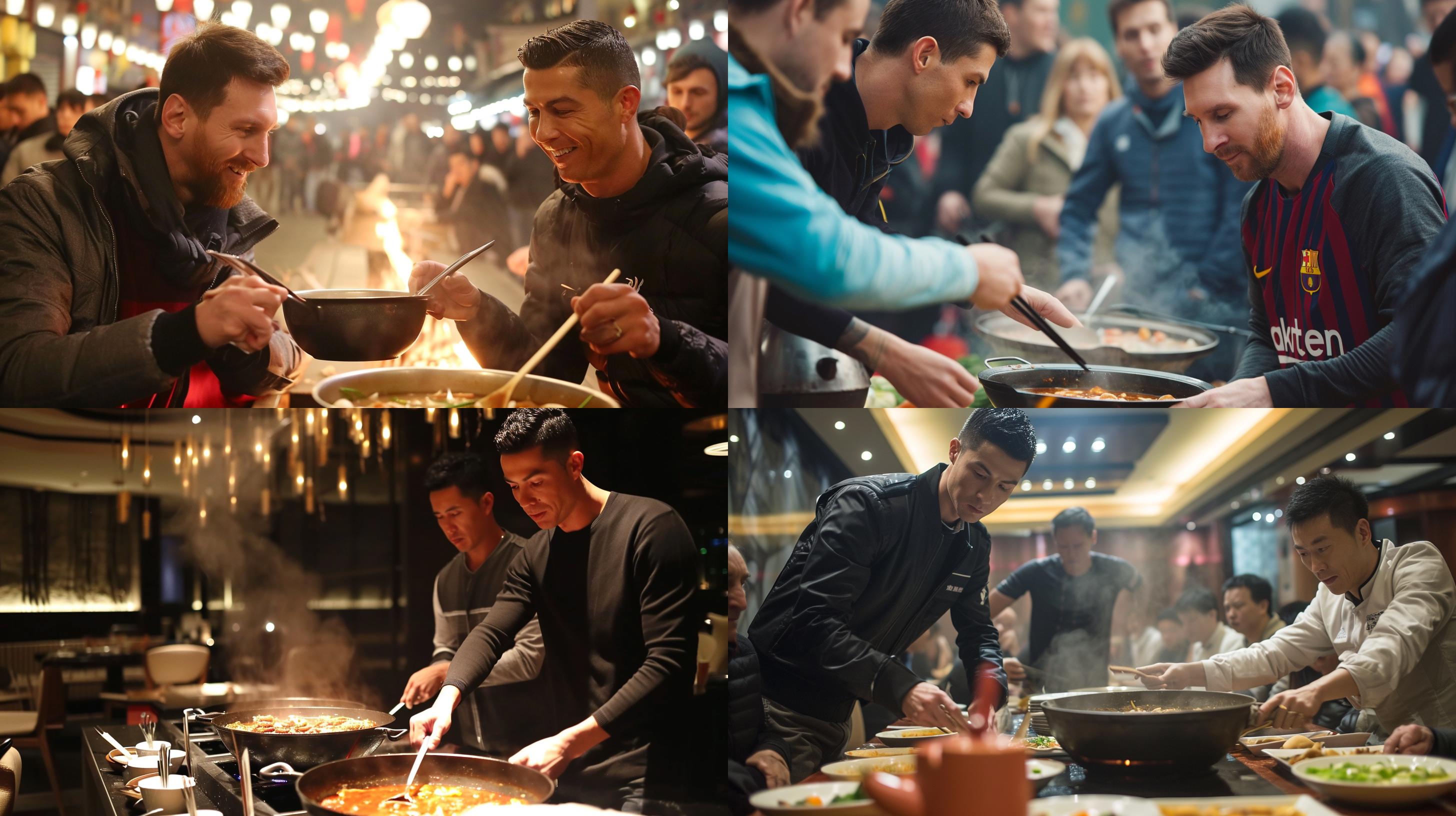 messi and cristiano ronaldo are having chinese hot pot together.