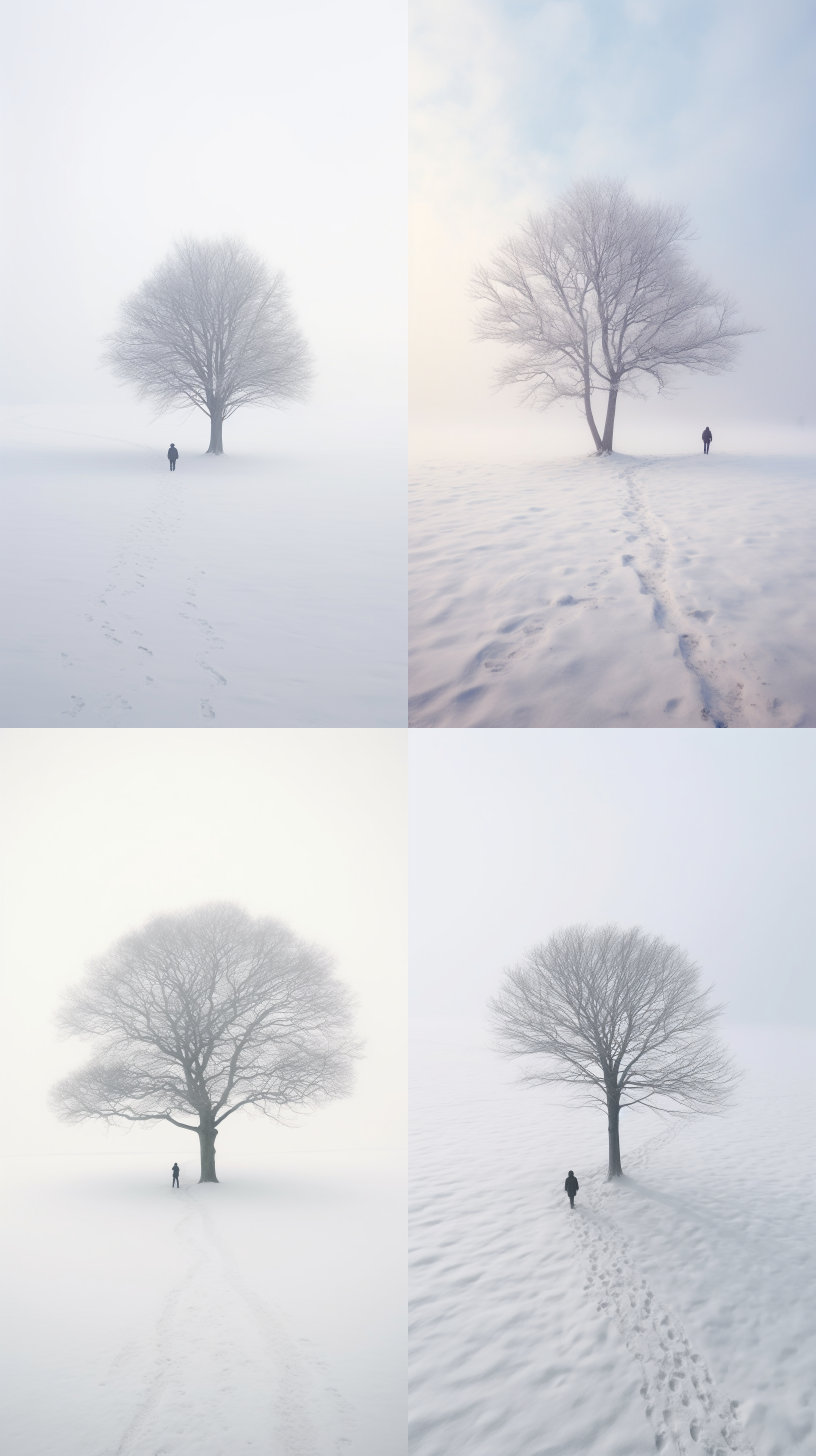 a tree is walking across the snow in the snow, hazy, foggy::2, endless snow, in the style of captivating documentary photos, akos major, monochrome landscapes, intricately mapped worlds, documentary travel photography, layered lines, time-lapse photography, nikon d850