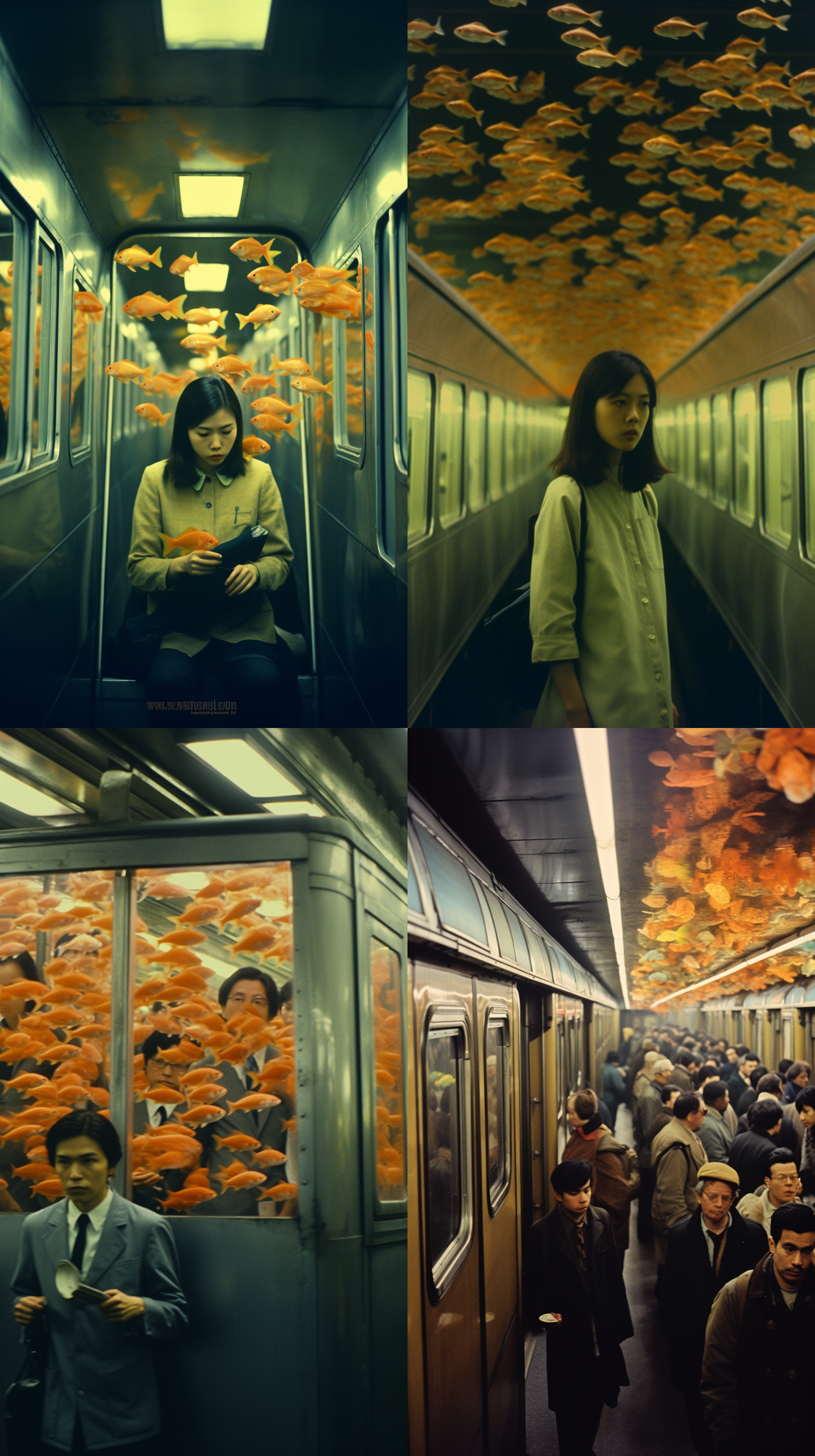 a lot of asian employees are in the subwaythe subway is crowded,and there is a fish tank in the subway, a lot of goldfish swimming in the air surreal, shot on kodak filmfilm color1980s