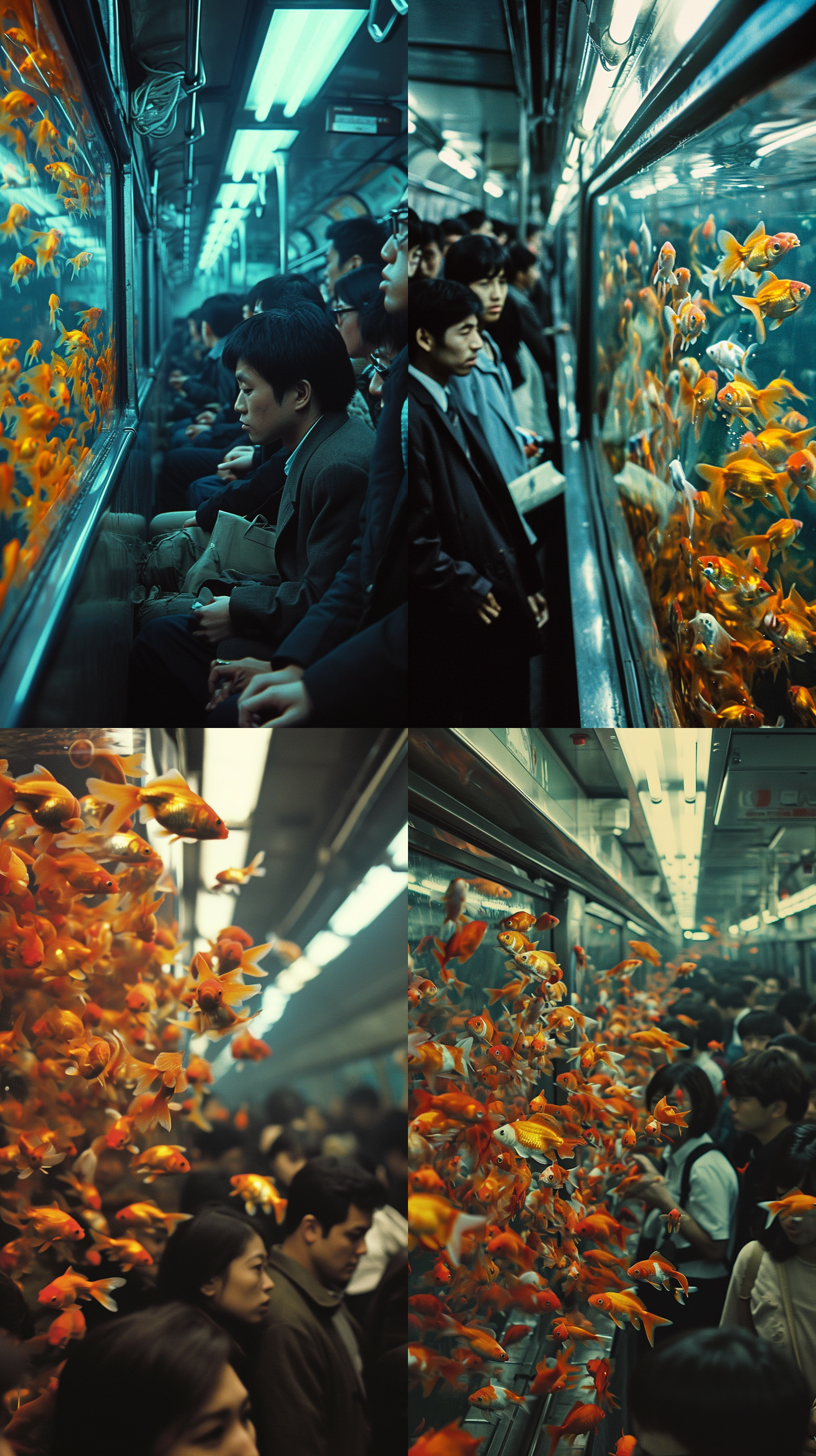 a lot of asian employees are in the subwaythe subway is crowded,and there is a fish tank in the subway, a lot of goldfish swimming in the air surreal, shot on kodak filmfilm color1980s