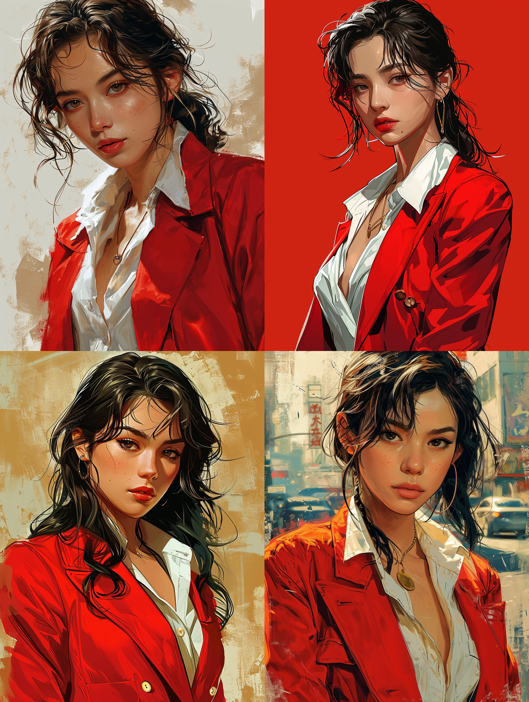 中国成年女性，美女，又飒又帅，身穿红色西装外套，白色衬衫，粗线条，1980s,，美式漫画风格，8k，高品质