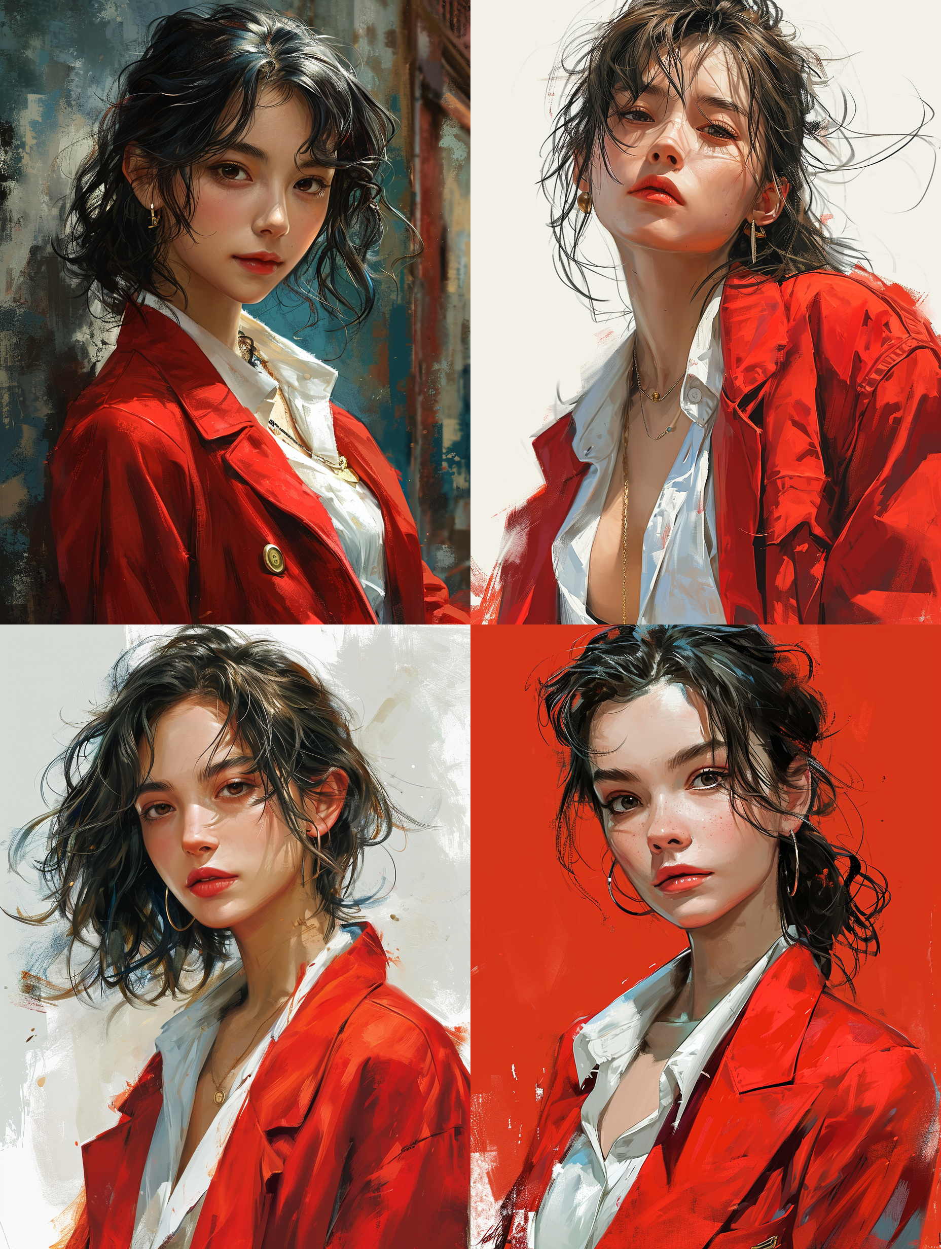 中国成年女性，美女，又飒又帅，身穿红色西装外套，白色衬衫，粗线条，1980s,，水墨漫画风格，8k，高品质