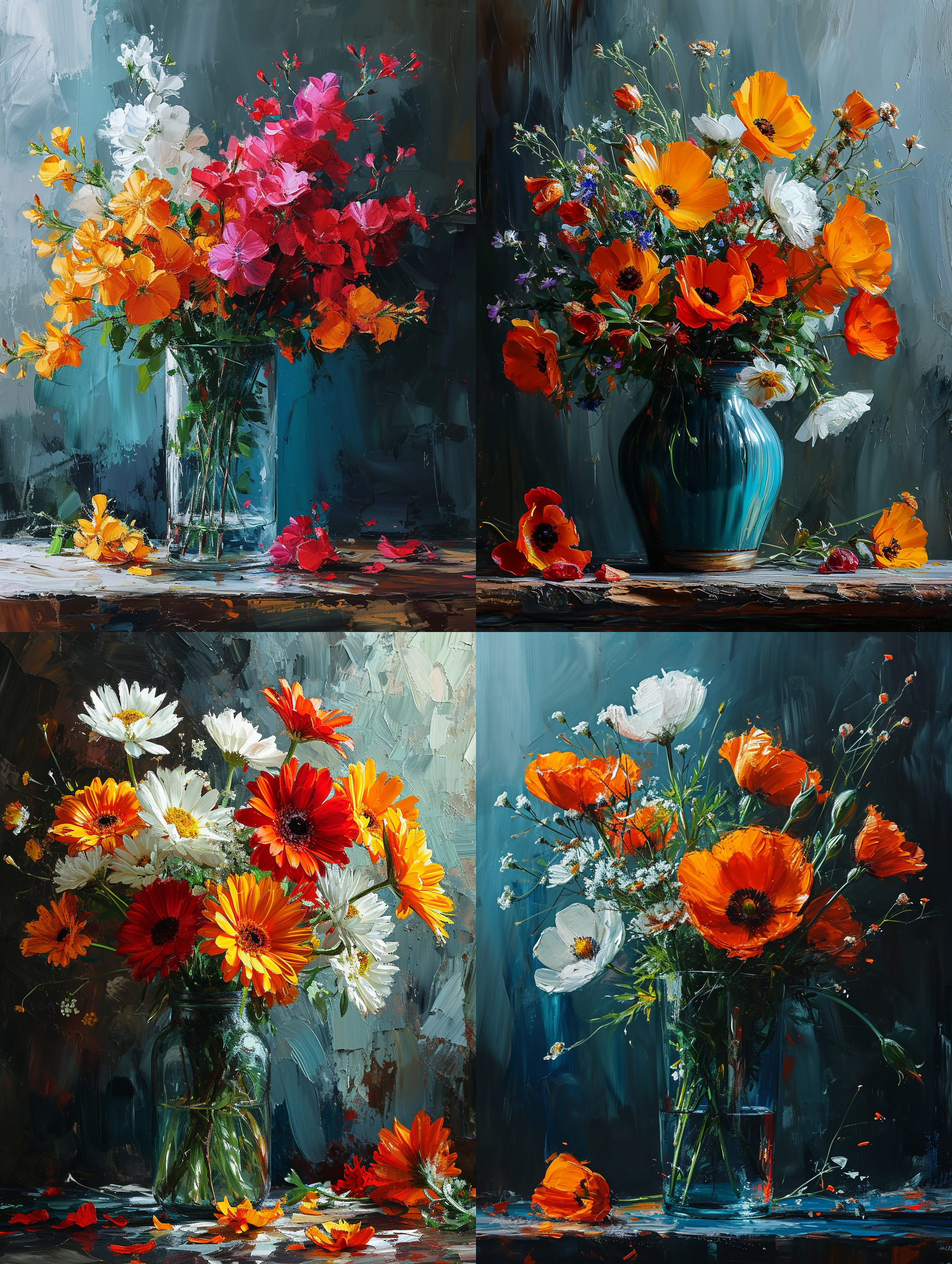 鲜艳花朵在花瓶中，笔触风格，明亮色彩，近景，柔和光影，高饱和度，高对比度，细腻纹理，生机勃勃。