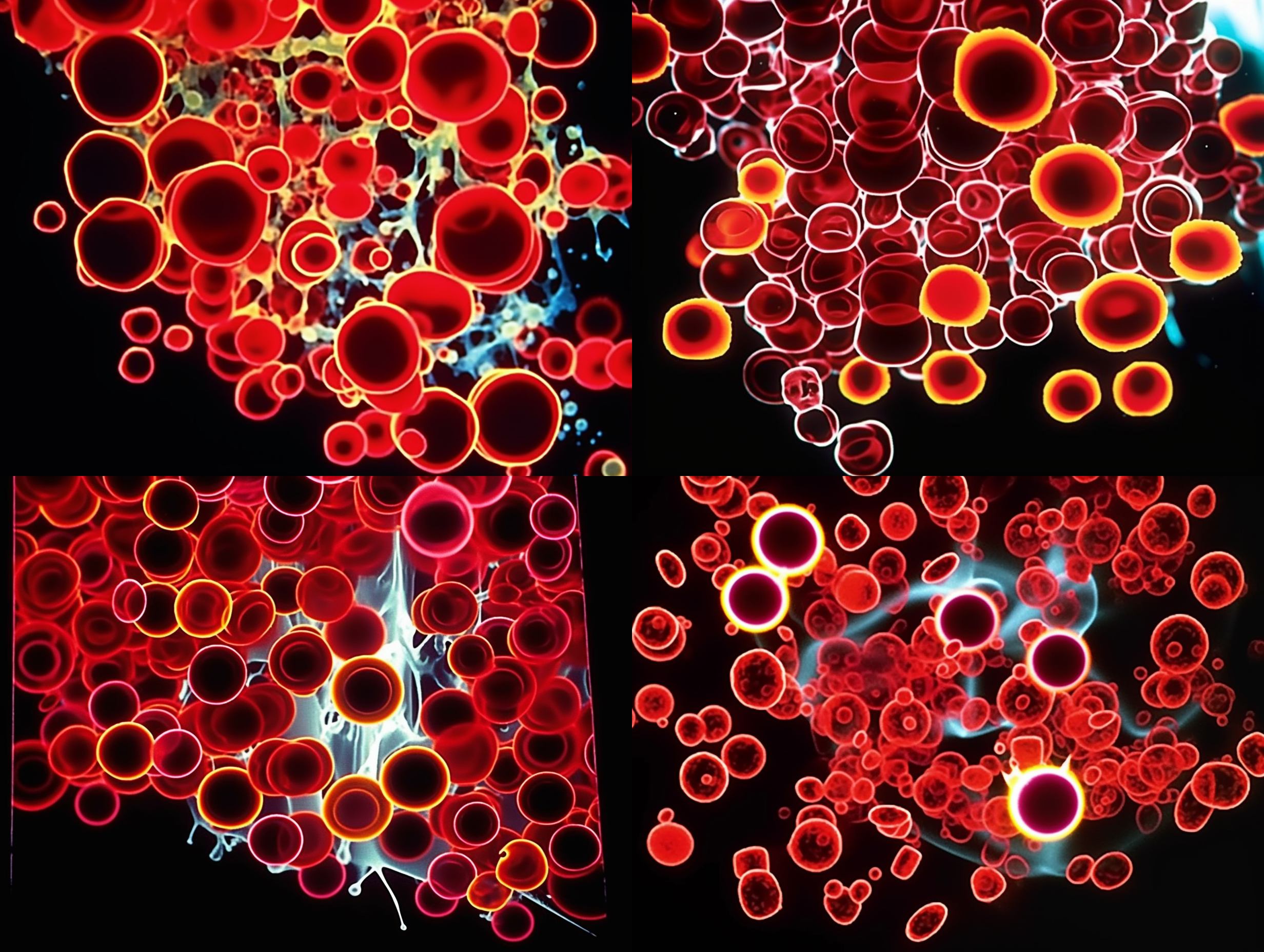 生成与参考图相同排布的立体细胞效果，要把细胞膜，细胞孔，细胞质，细胞枋，rna,dna,呈现体现出来，细胞的形态符合专业显微观察看到的细胞形态，空间感和立体感突出，颜色饱和，细节层次丰富，专业c4d渲染，顶级画质和清晰度，8k超高清，减弱光环的强度