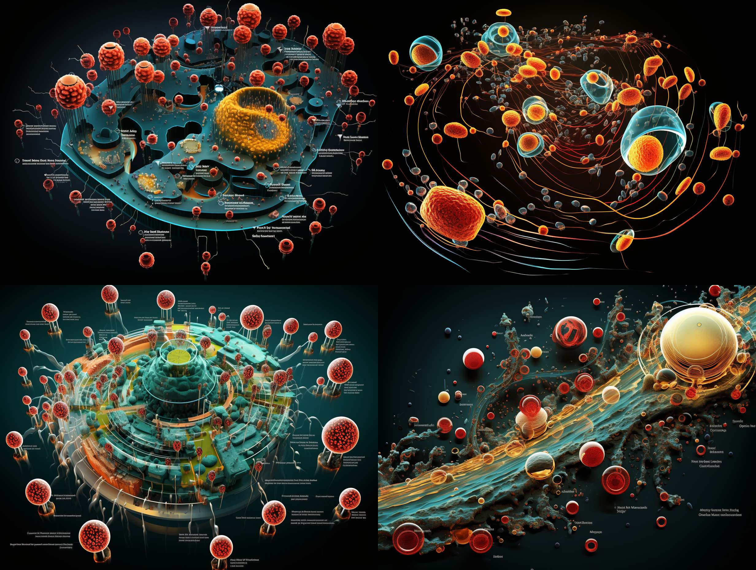 生成与参考图相同排布的立体细胞效果，要把细胞膜，细胞孔，细胞质，细胞枋，rna,dna,呈现体现出来，细胞的形态符合专业显微观察看到的细胞形态和行业细胞形态样式描述与定义，空间感和立体感突出，颜色饱和，细节层次丰富，专业c4d渲染，顶级画质和清晰度，8k超高清，细胞外光环的强度