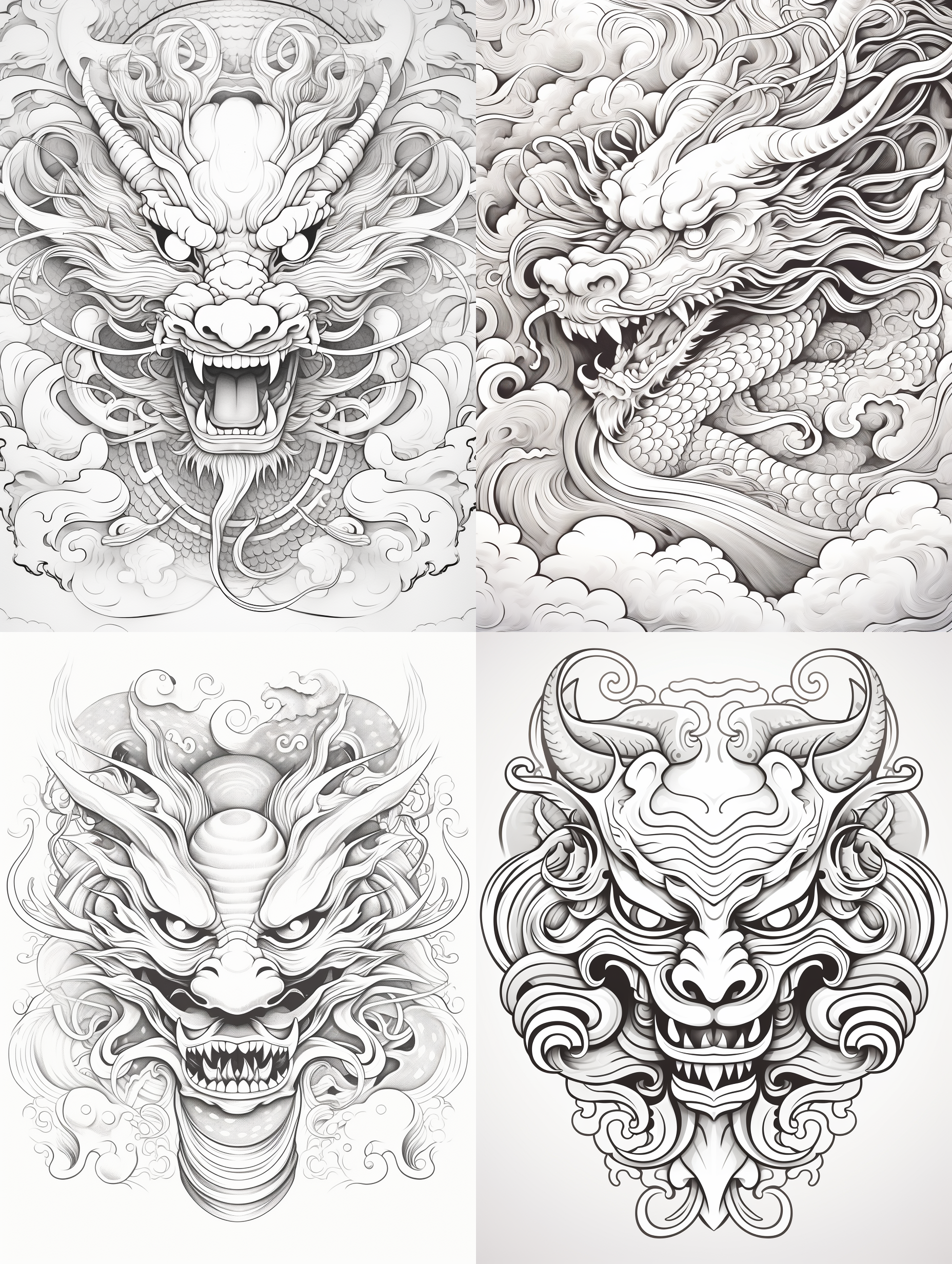 设计一条龙的图案，从龙头到龙尾都要完整，四周有祥云，平面线描图，镂空的图，不要有立体感，