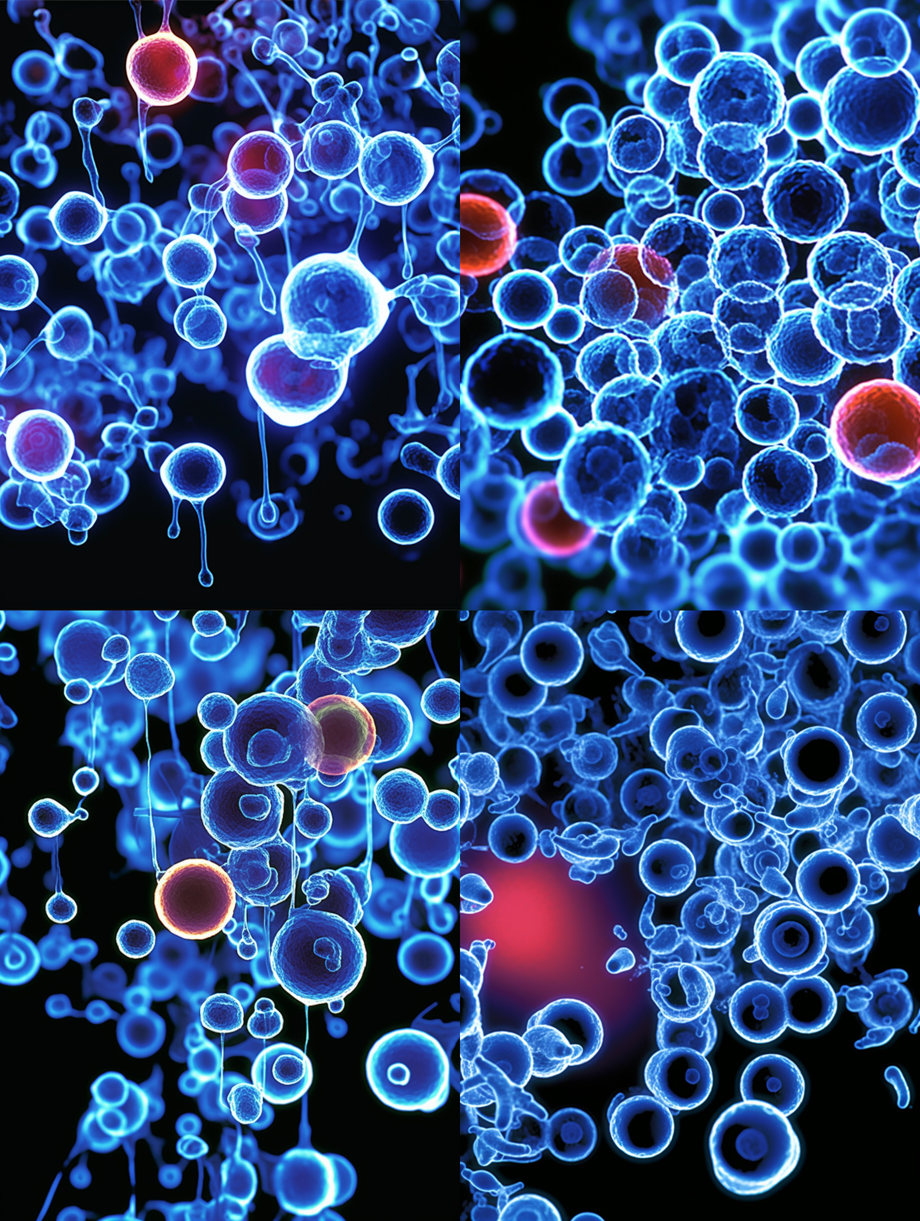 生成与参考图相同排布的立体细胞效果，要把细胞膜，细胞孔，细胞质，细胞枋，rna,dna,呈现体现出来，细胞的形态符合专业显微观察看到的细胞形态和行业细胞形态样式描述与定义，空间感和立体感突出，颜色饱和，细节层次丰富，专业c4d渲染，顶级画质和清晰度，8k超高清，细胞外光环的强度 