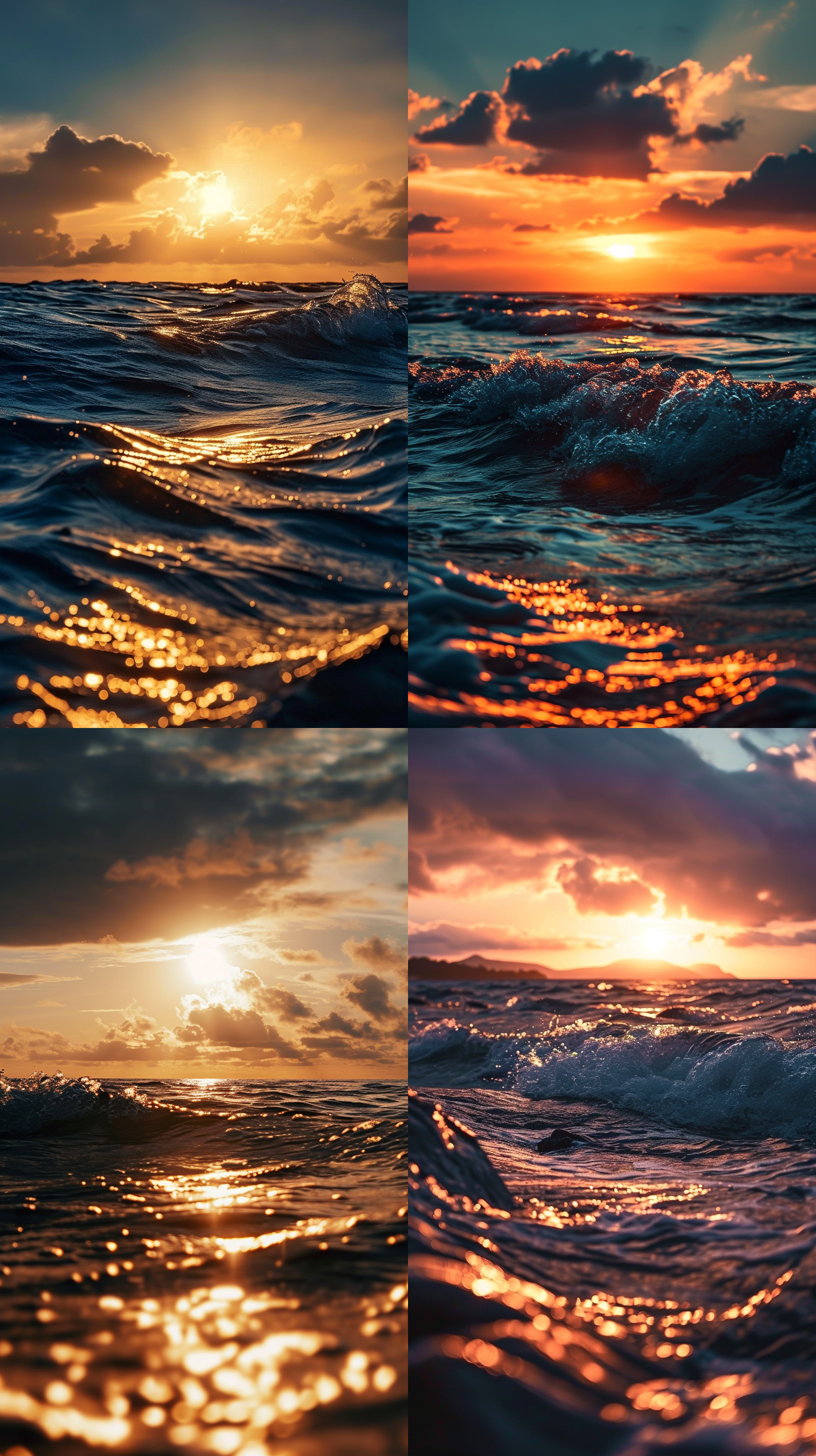 sunset, sea, golden tones, clouds floating, backlight shooting, lens perspective, choppy waters, gradient tones, serenity, romance, magnificence.