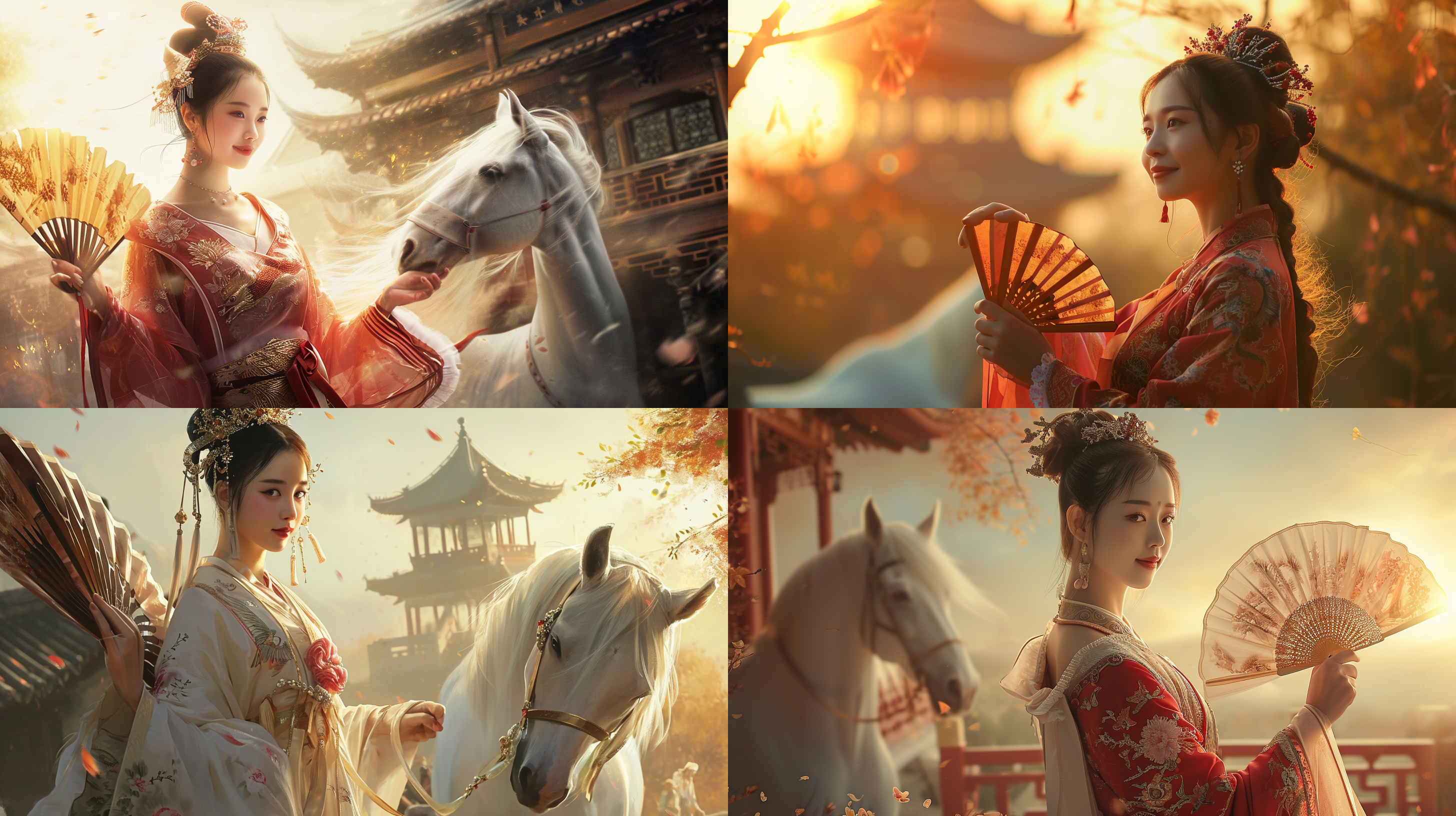 一个中国清代的美女子，手拿一张折扇，笑面如花，站在城楼前，望着阳光下的一匹白马。
