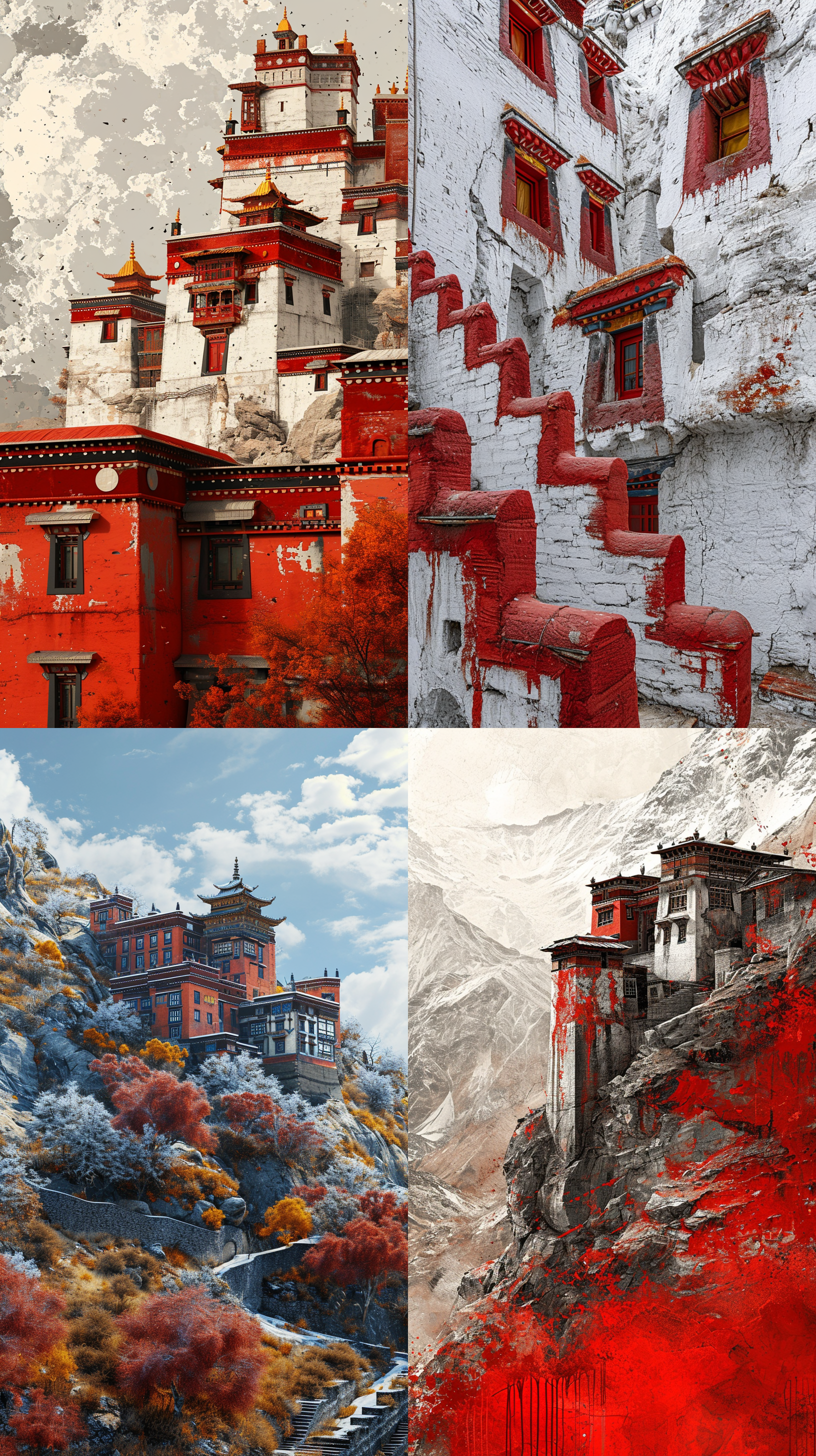 a shot of the tibetan fortress, in the style of abstracted architecture, white and red, pointillist optical mixing, ingrid baars, 32k uhd, visual harmony, serge marshennikov