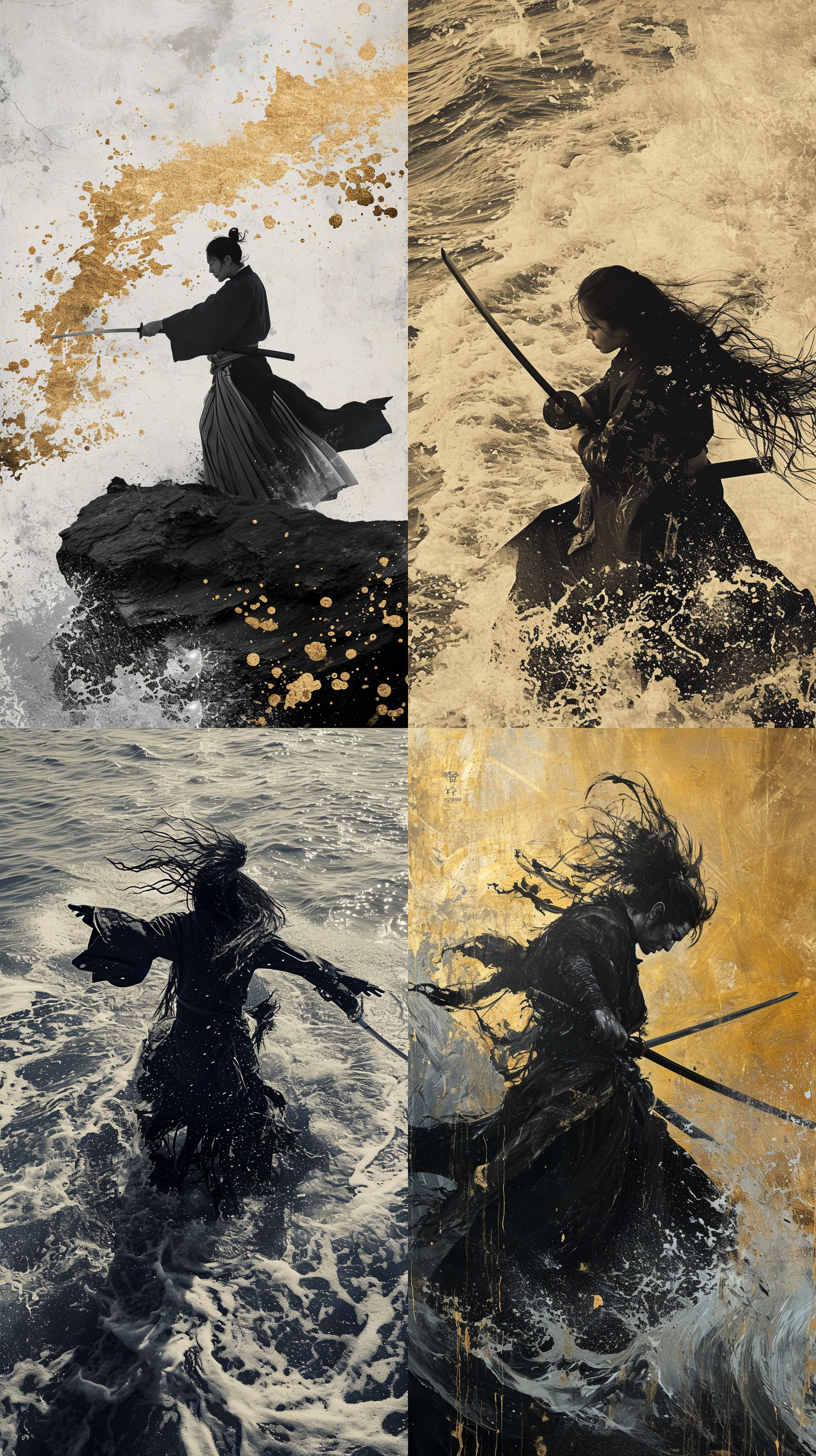 conceptual art photography, installation art, line texture, a long-haired black warrior is performing swordsmanship, rurouni kenshin: meiji swordsman romantic story, a great master, geographic photography,, surrealism the figure is realistic style, thick brush strokes sea surface, pop art, mind- bending patterns, minimalism, black white and gold strokes, aerial view