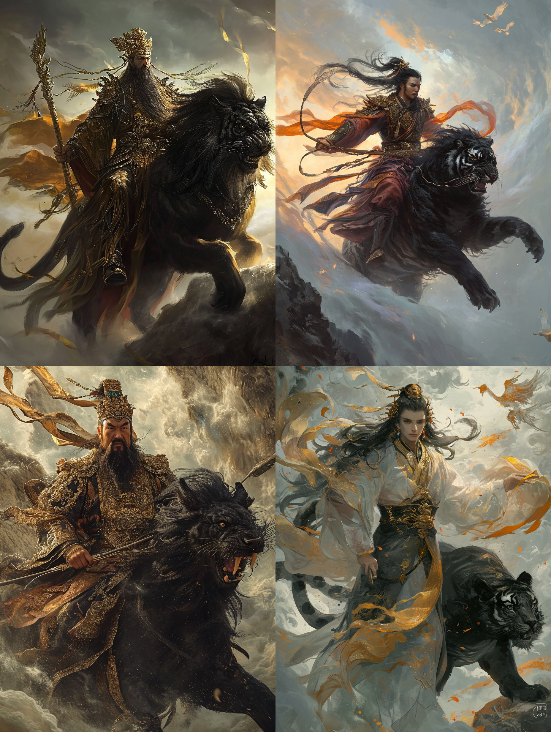  赵公明骑着一只的黑色猛虎，他的身体与猛虎紧密贴合，赵公明外表高大威猛，赵公明身着华丽的锦袍，九云冠上金霞缭绕，绛红色的绢衣上仙鹤飞舞。五绺长髯随风飘动，他双手紧握着两根金鞭，鞭身通体金光闪闪。鞭柄上刻满了精美的花纹和图案。鞭尾细长，饰有华丽的金银丝线， 身下骑着的黑虎雄壮威武，它的皮毛乌黑亮丽，黑虎的眼睛炯炯有神。它的獠牙尖利，黑虎的四蹄踏着祥云，它的肌肉紧绷，充满了力量，画面的背景是一片风起云涌的天地，祥云缭绕，金光闪闪。赵公明与黑虎一同凌驾于云海之上，仿佛置身于仙境之中。摄影黑白纪实，电影灯光，三分构图 