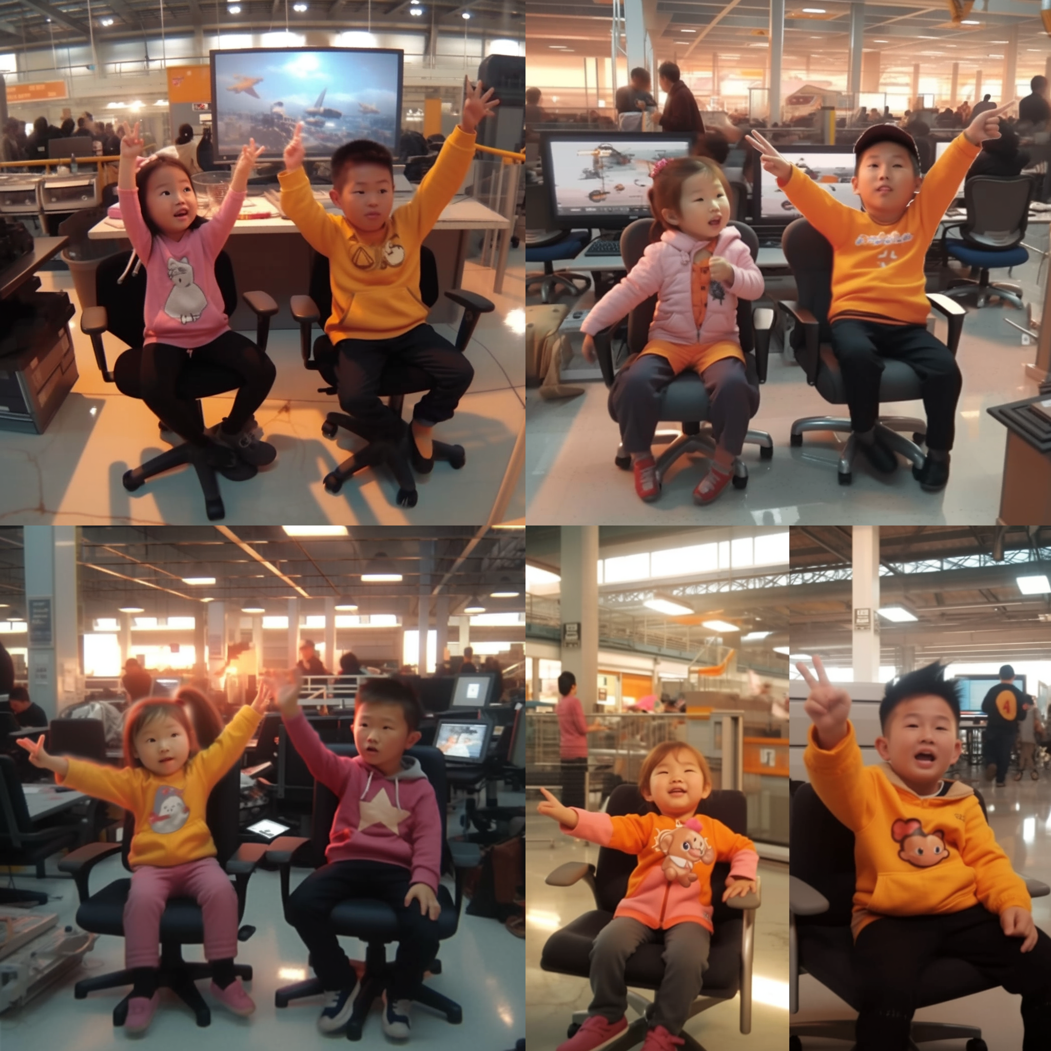 皮克斯，夜晚的工作室，橙色调照明，宽广的房间，创意无限，摄影师使用广角镜头，捕捉到一群艺术家们在专注创作的画面，灵感迸发，快门按下，永恒定格。 上半身 非常详细 集中于人脸 最好的质量 多个 人偶 漫画 兴奋 高分辨率