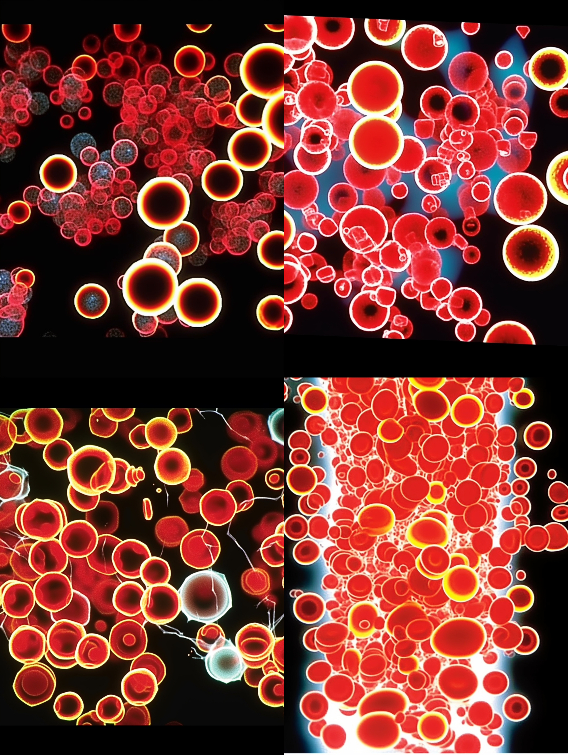 生成与参考图相同排布的立体细胞效果，要把细胞膜，细胞孔，细胞质，细胞枋，rna,dna,呈现体现出来，细胞的形态符合专业显微观察看到的细胞形态和行业细胞形态样式描述与定义，空间感和立体感突出，颜色饱和，细节层次丰富，专业c4d渲染，顶级画质和清晰度，8k超高清，细胞外光环的强度