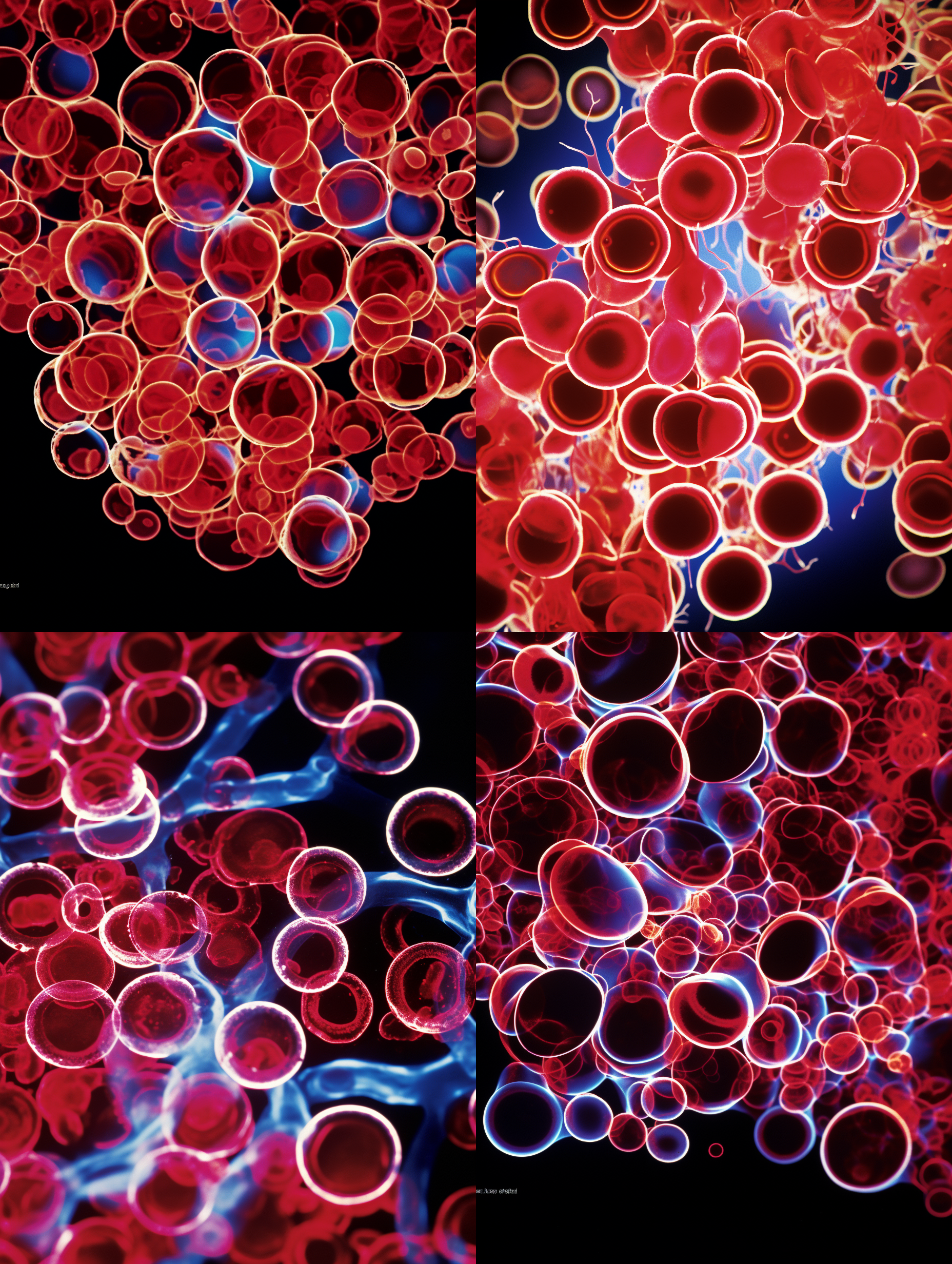 生成与参考图相同排布形式和特征的立体细胞效果，要把细胞膜，细胞孔，细胞质，细胞枋，rna,dna,体现出来，细胞的形态符合专业显微观察看到的细胞形态和行业细胞形态样式专业描述与定义，空间感和立体感突出，颜色饱和，细节层次丰富，专业c4d渲染，顶级画质和清晰度，8k超高清，细胞最大程度接近真实细胞，逼真强度高