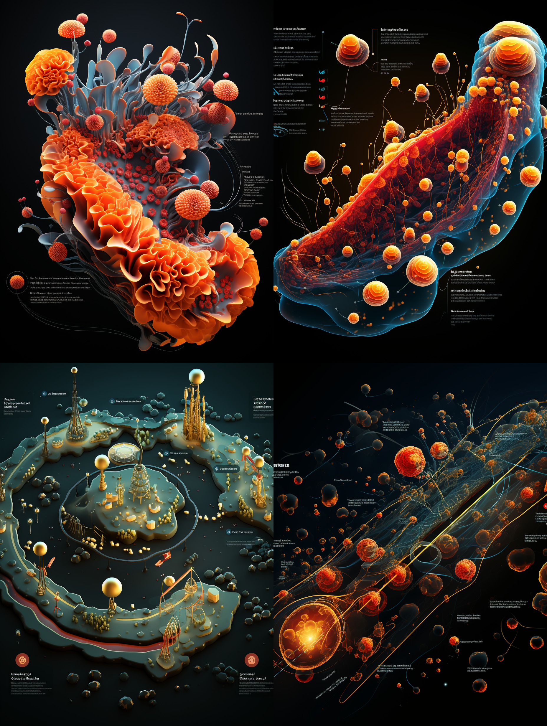 生成与参考图相同排布的立体细胞效果，要把细胞膜，细胞孔，细胞质，细胞枋，rna,dna,呈现体现出来，细胞的形态符合专业显微观察看到的细胞形态和行业细胞形态样式描述与定义，空间感和立体感突出，颜色饱和，细节层次丰富，专业c4d渲染，顶级画质和清晰度，8k超高清，细胞外光环的强度