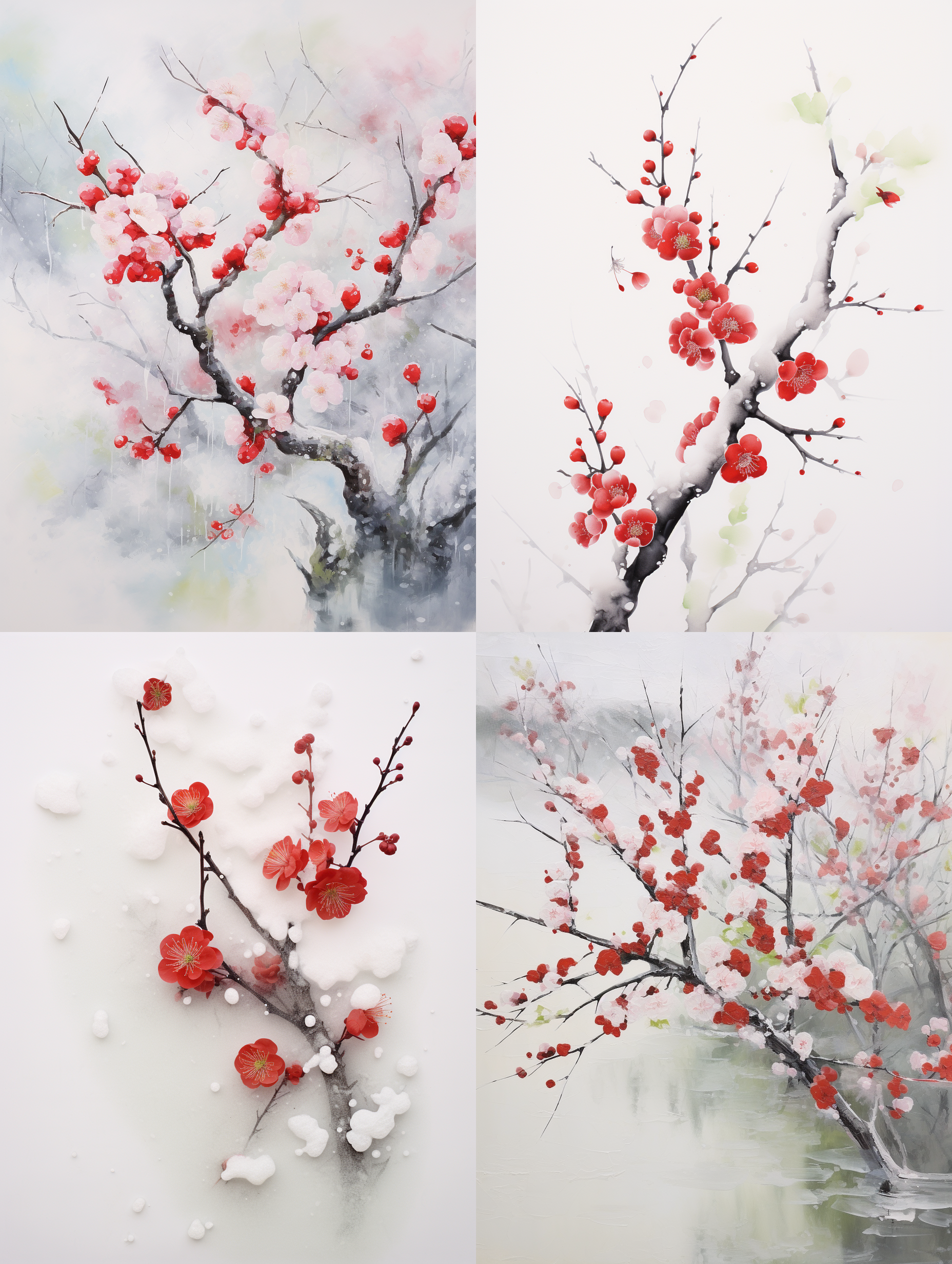 梅花，红色，大雪，白色背景