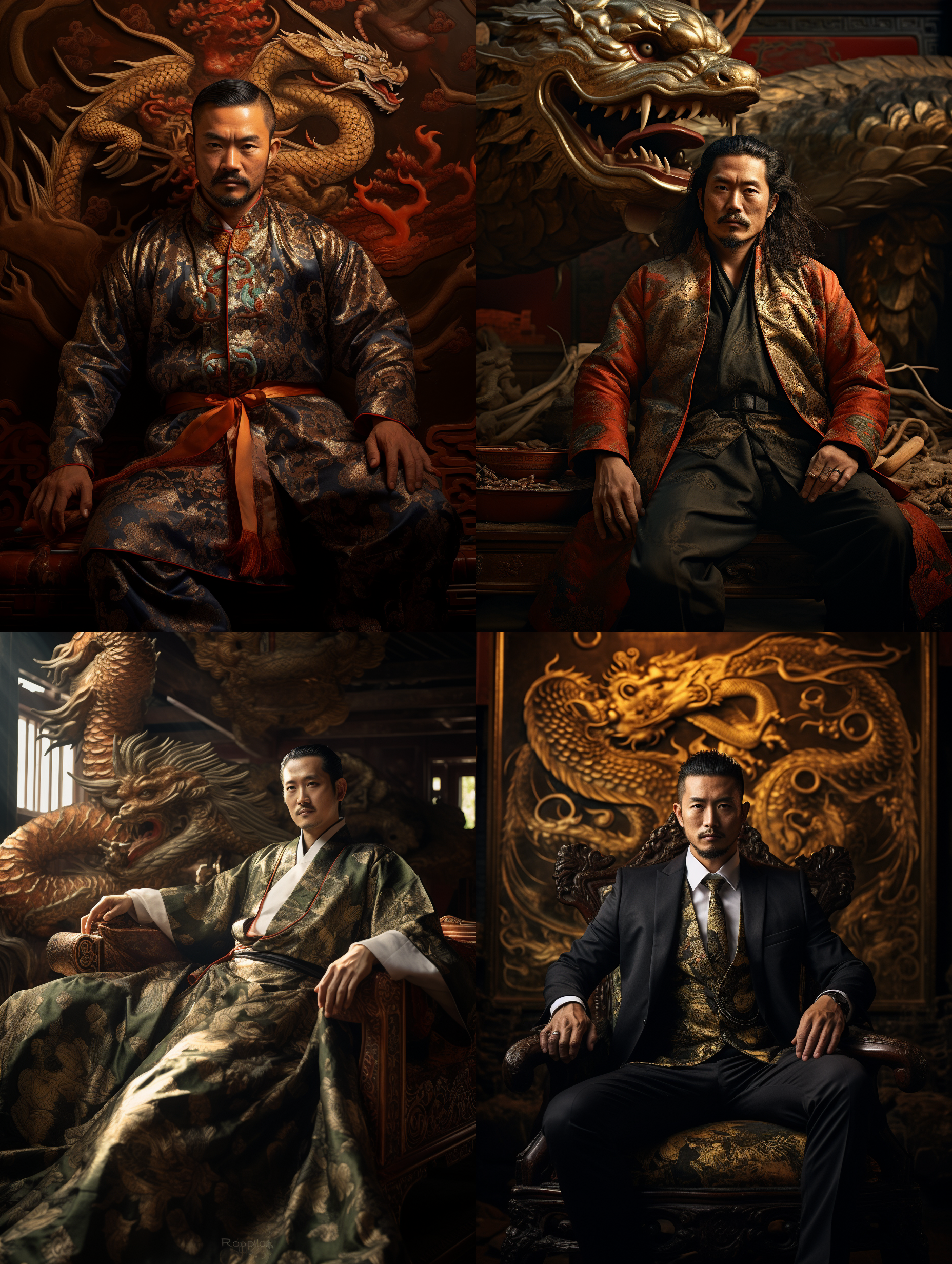 一个30岁的中国古代男人，明亮的朝阳洒在身上，身后一条金龙，突出了他高贵威严的形象，庄主肃穆的神情，古风摄影，传统色调