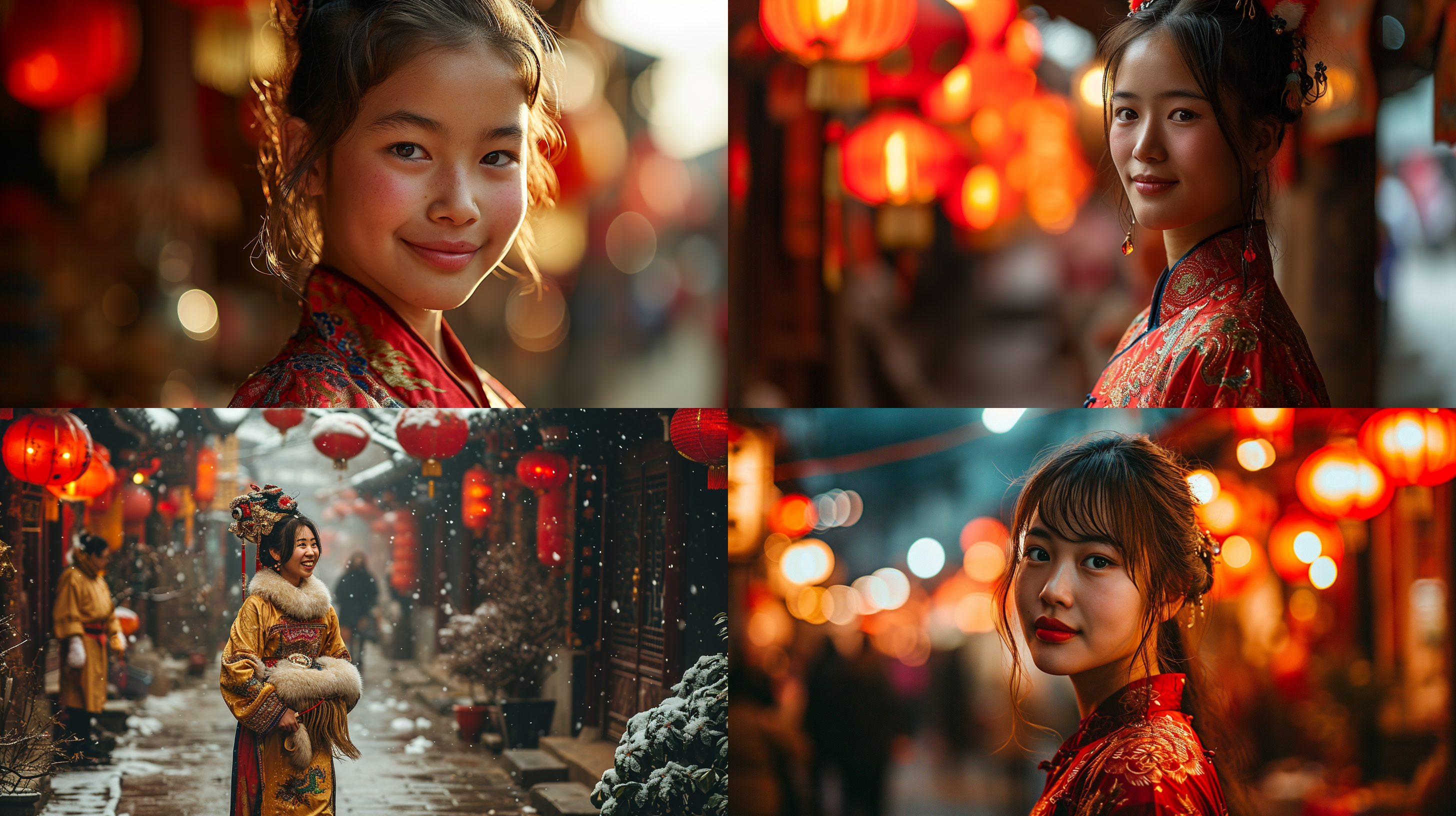 女孩，笑容，中国风舞狮，街道，真实风格