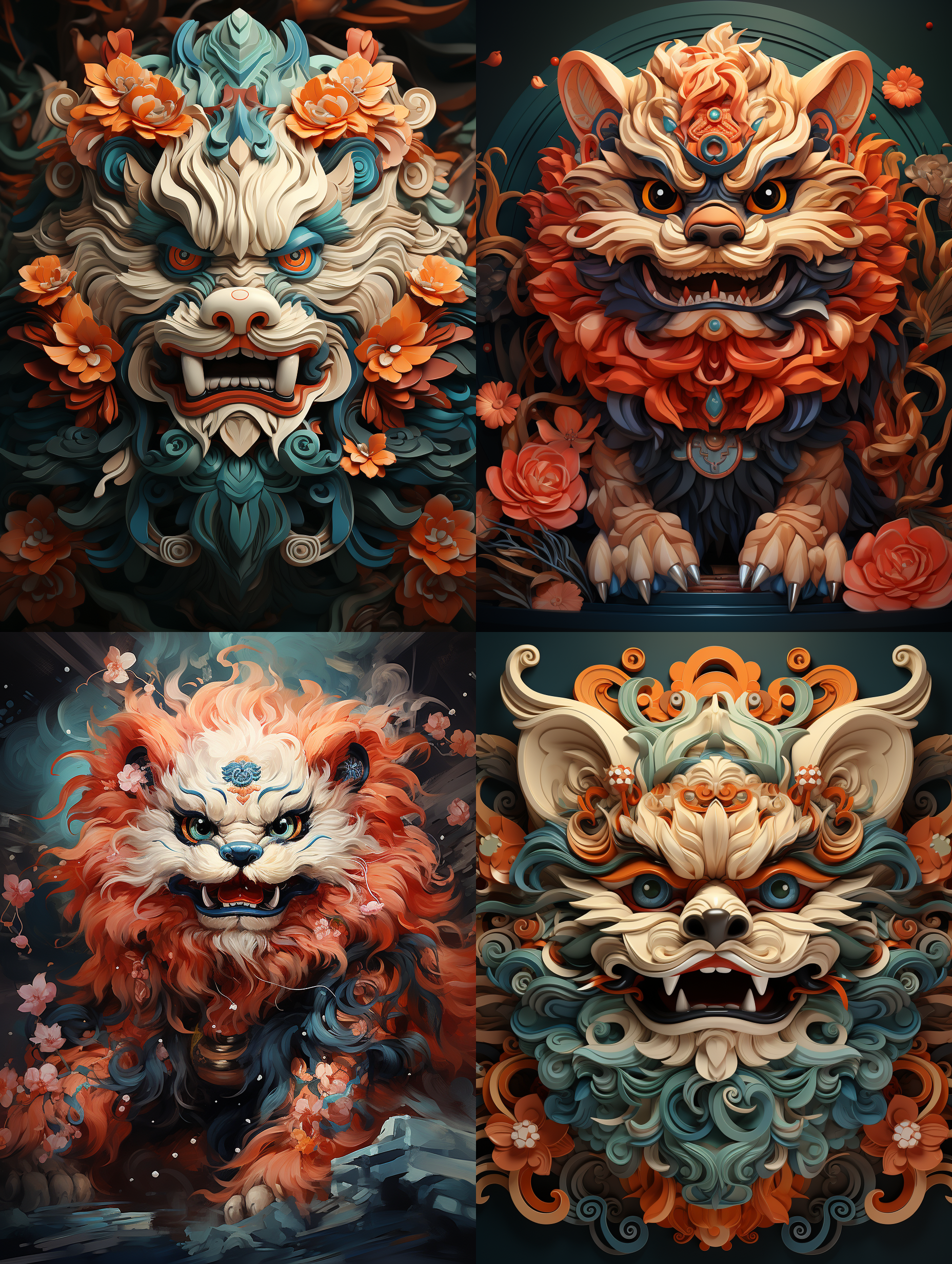 中国风舞狮，多色，背景纯色，动态优美，活泼可爱，真实风格 