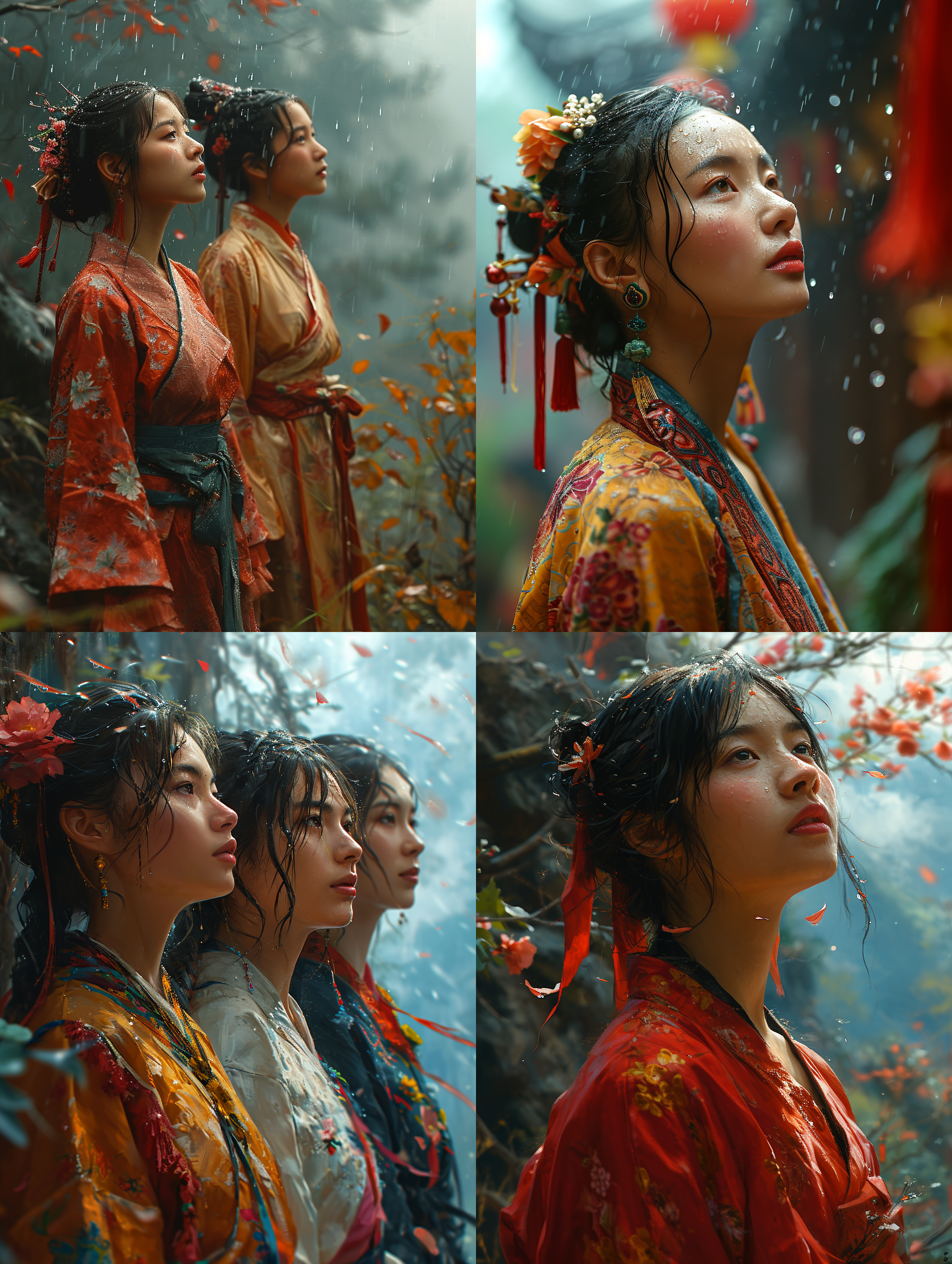 中国女士仰望天空，大雨澎湃，彩色的飘带飘满天空，真实风格 