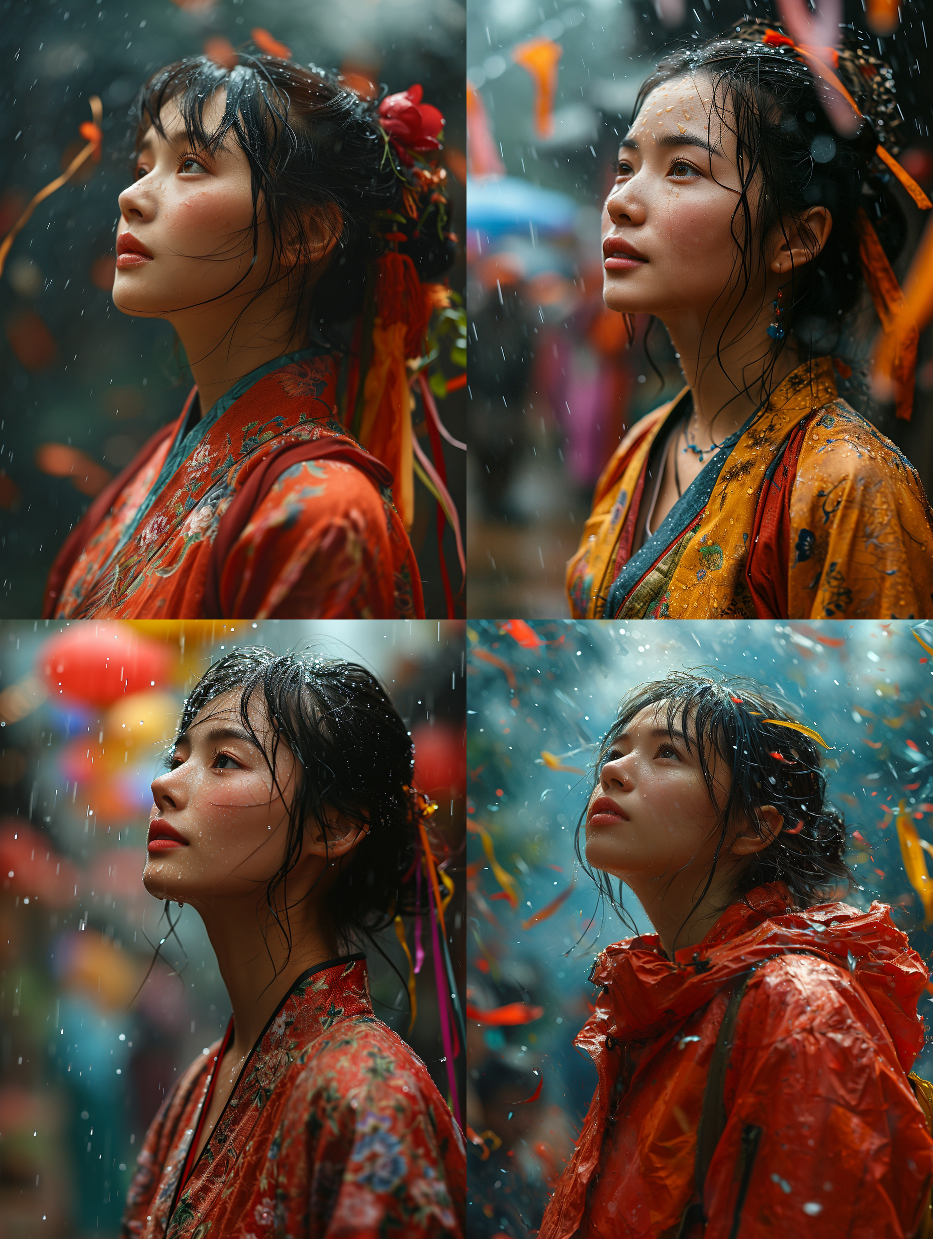 一位中国女士穿着现代风格服饰仰望天空，大雨澎湃，彩色的飘带飘满天空，真实风格 