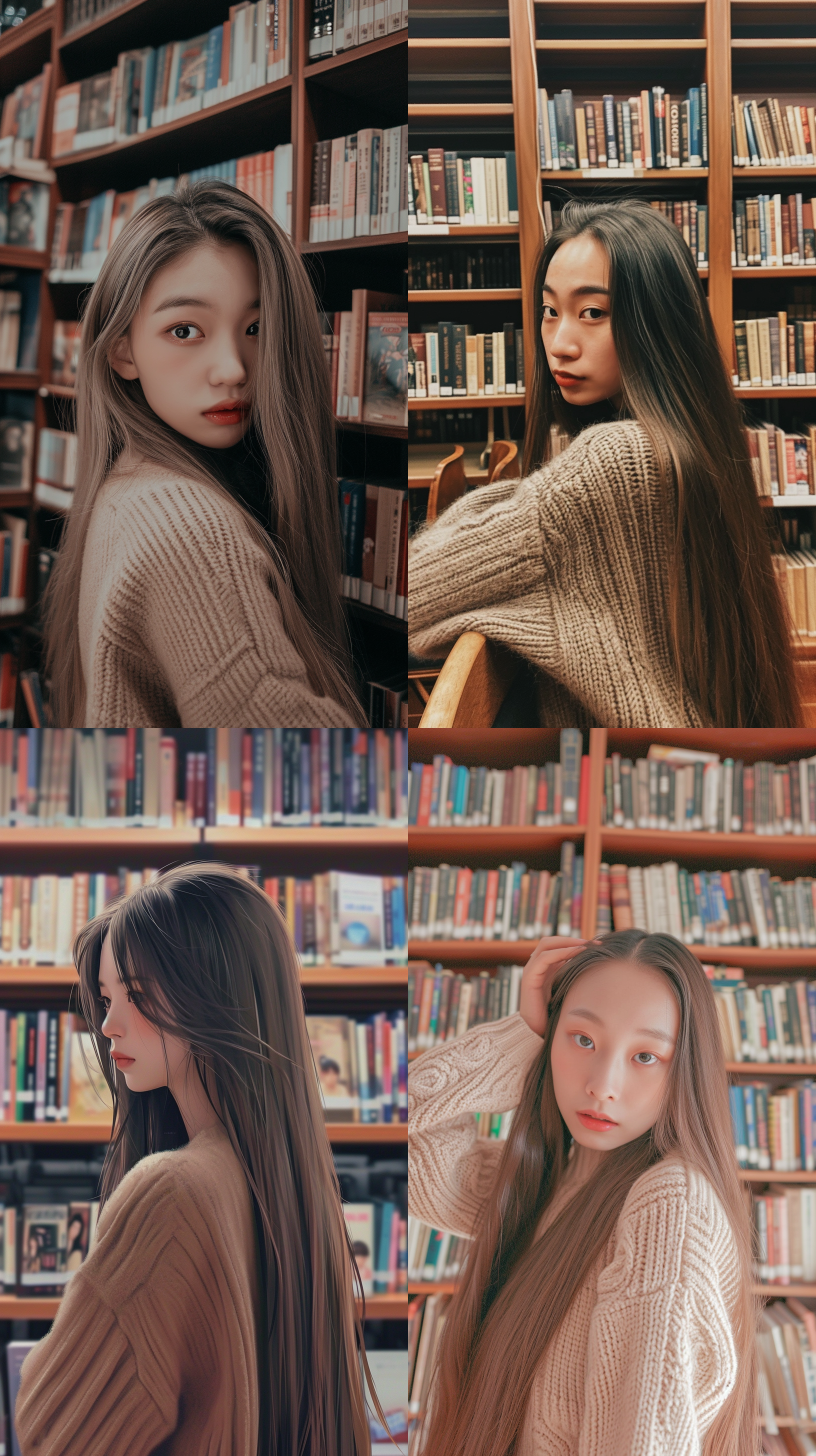 a picture of a sweet-looking girl with long, straight hair. she's in a library, immersed in the world of books. she's wearing a cashmere sweater to fend off the chill. the ethnicity of the girl is asian, emphasizing the diverse culture.